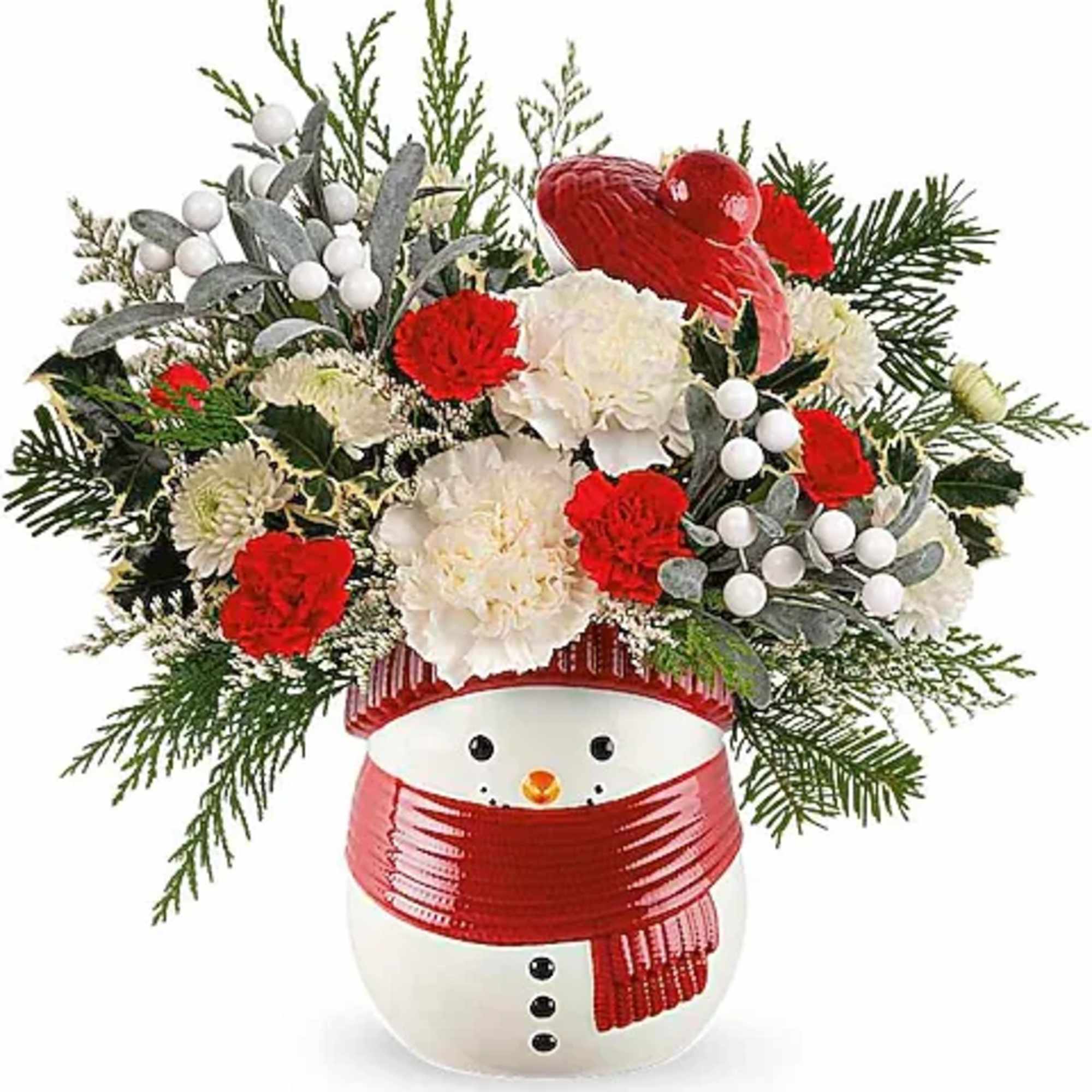 Snowman vase with red and white flowers and evergreen accents
