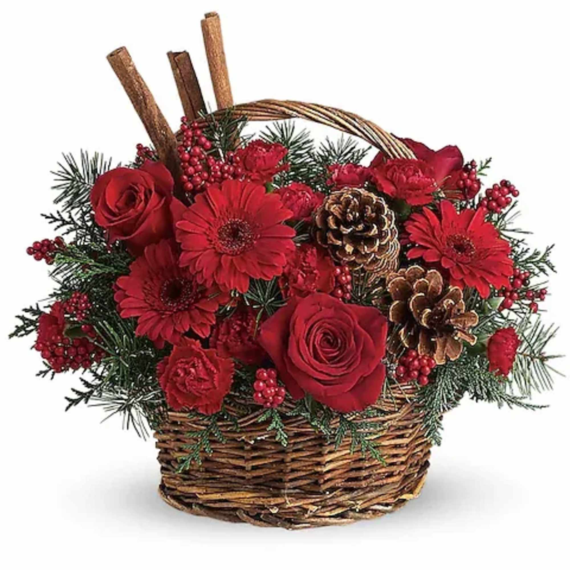 Red flowers and pinecones arranged in a wicker basket