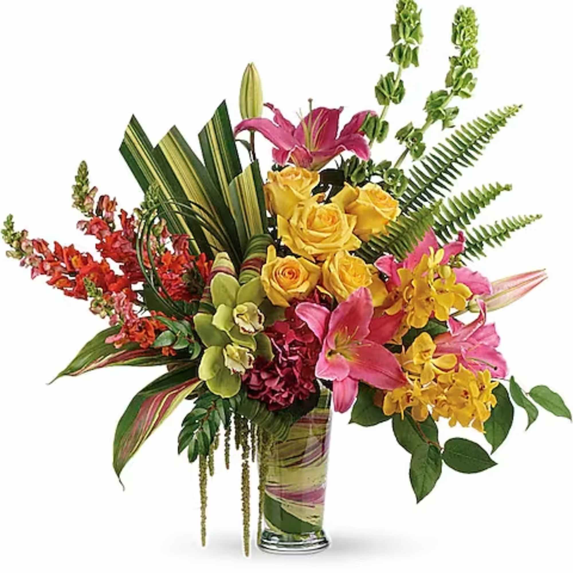Tropical bouquet with pink lilies, yellow roses, and orchids in a glass vase
