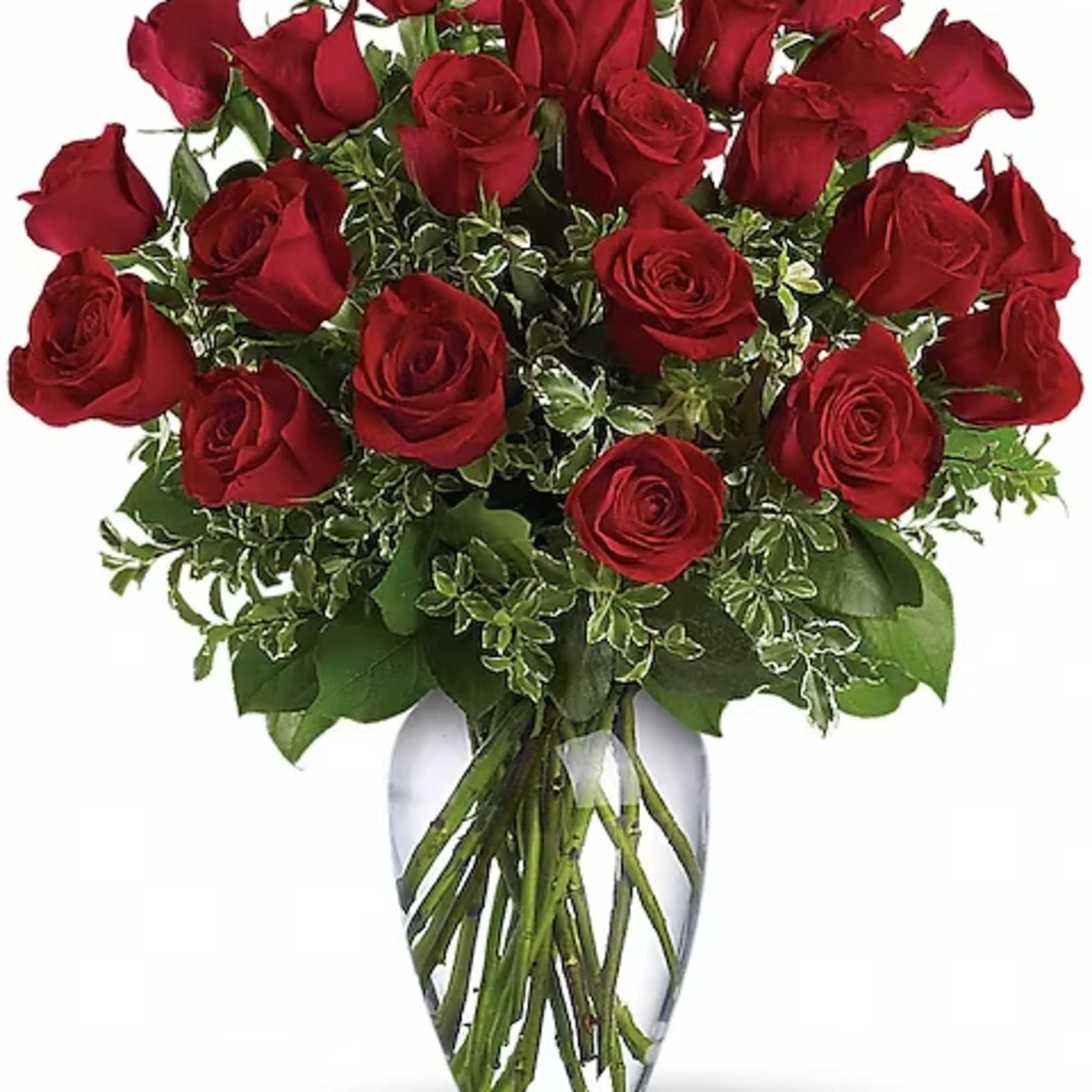 Bouquet of red roses in a clear glass vase, photo 2 of 2