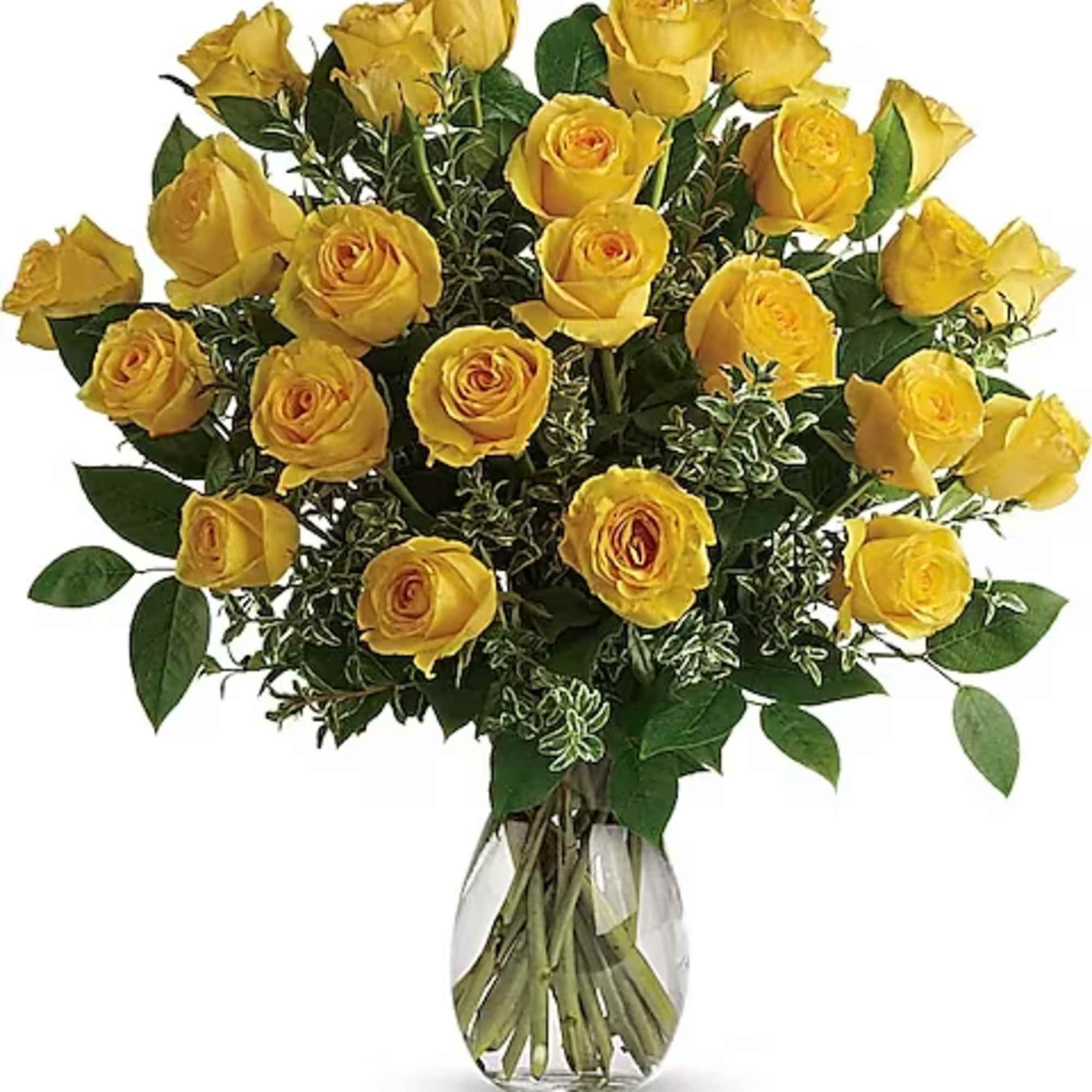 Bouquet of yellow roses in a clear glass vase