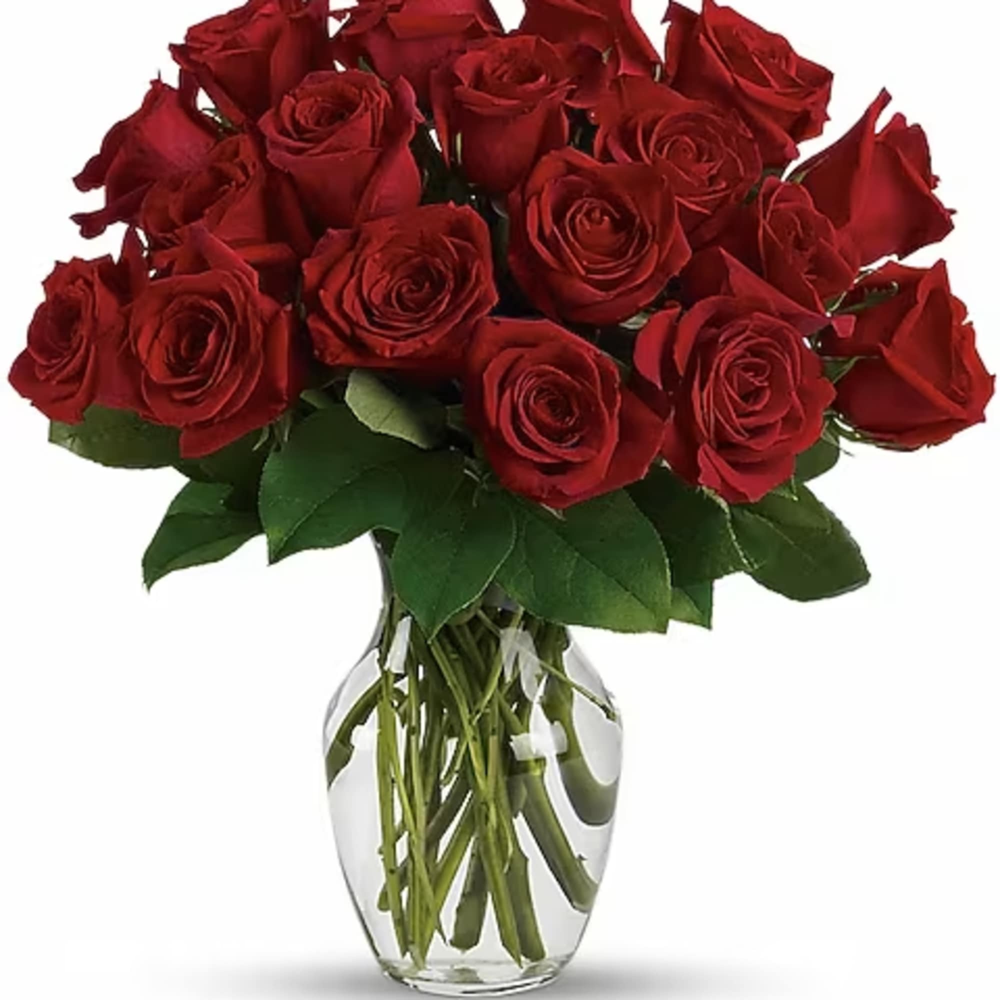 Bouquet of red roses in a clear glass vase
