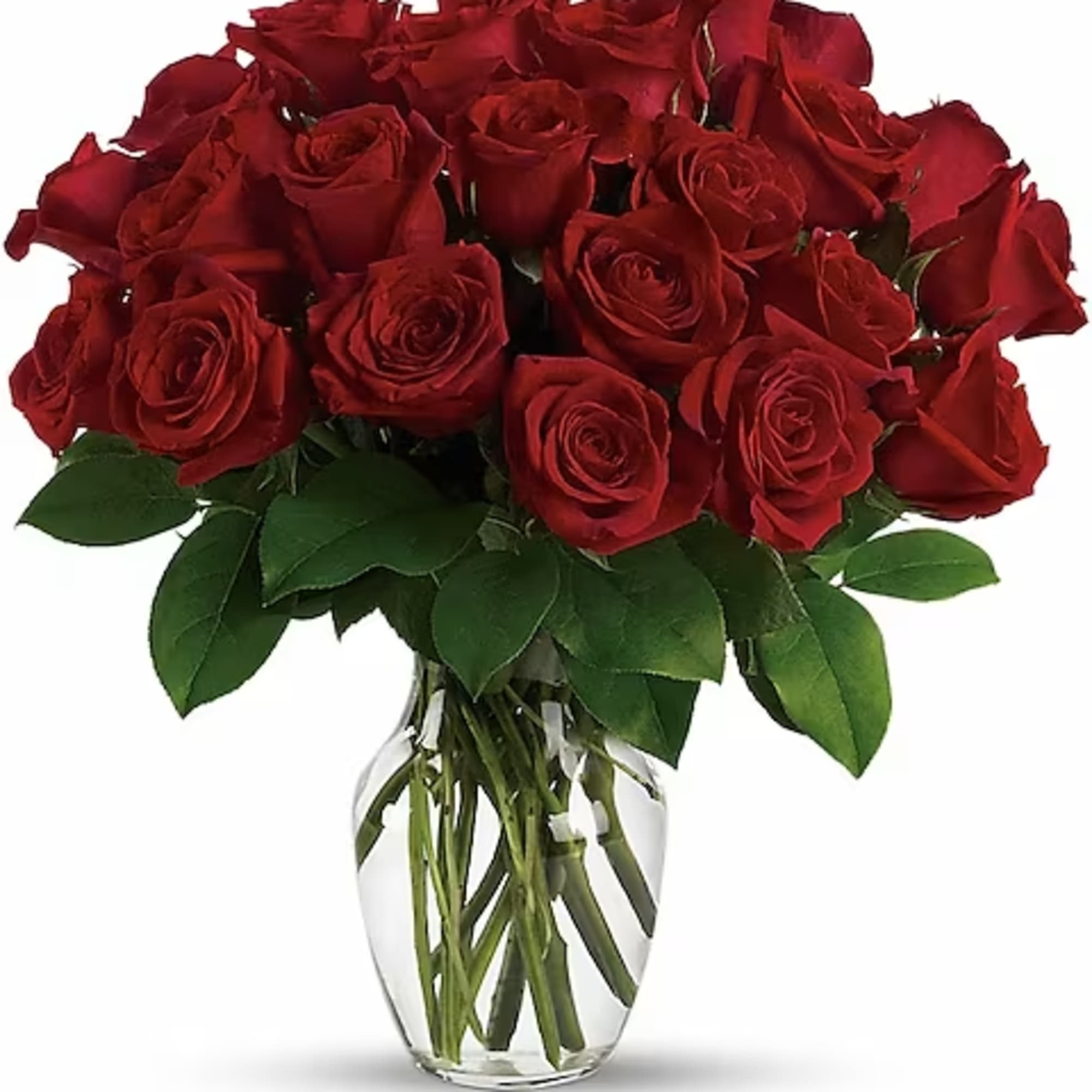 Bouquet of red roses in a clear glass vase