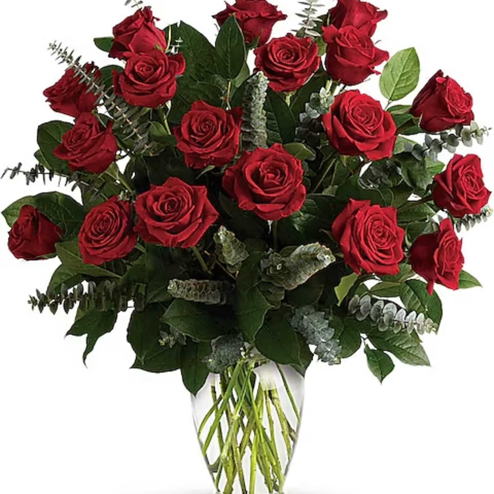 Bouquet of red roses in a clear glass vase