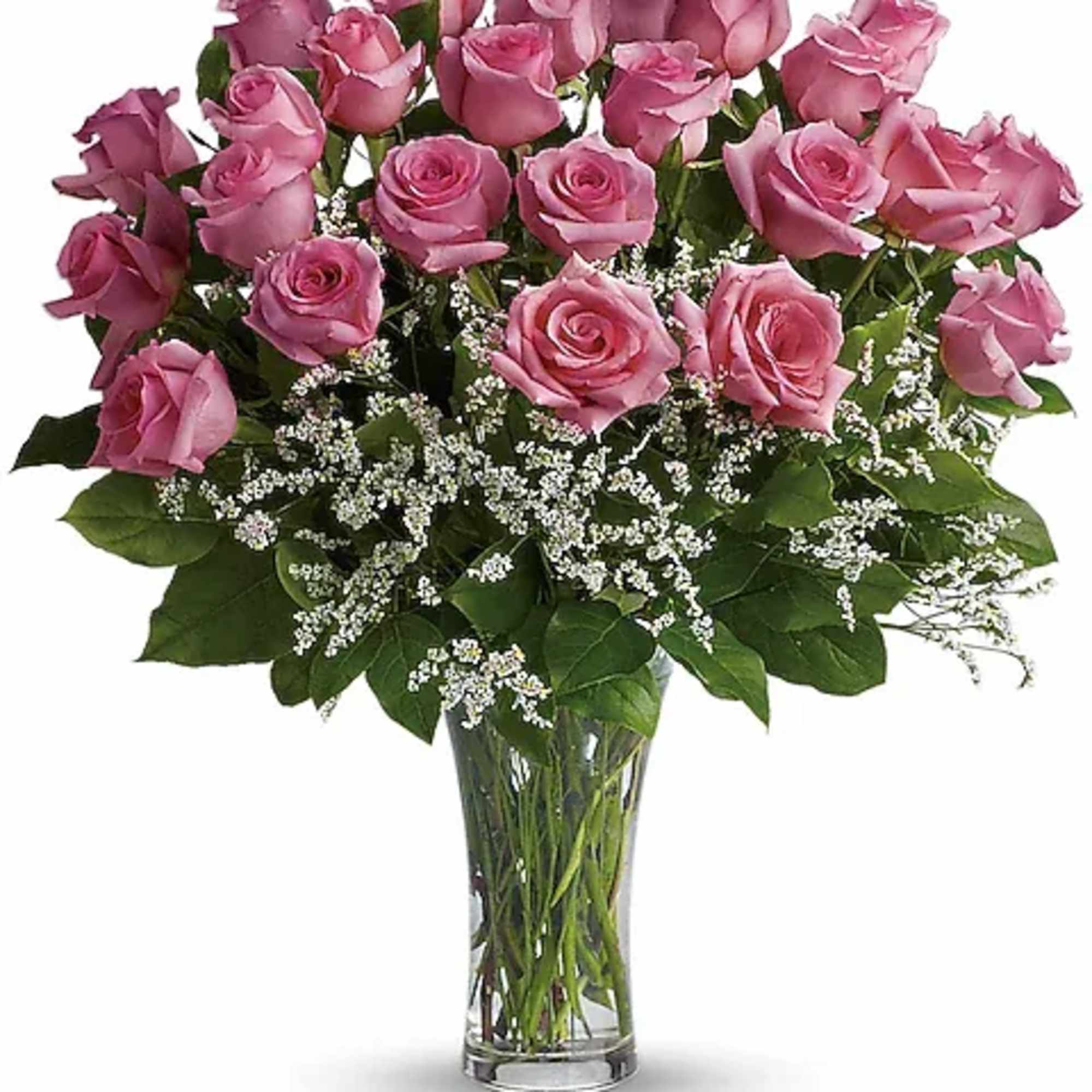 Pink roses arranged in a clear glass vase with white filler flowers