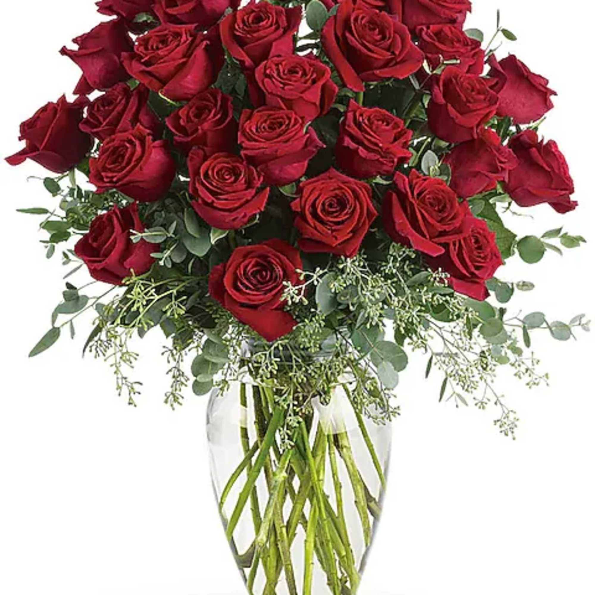 Bouquet of red roses in a clear glass vase