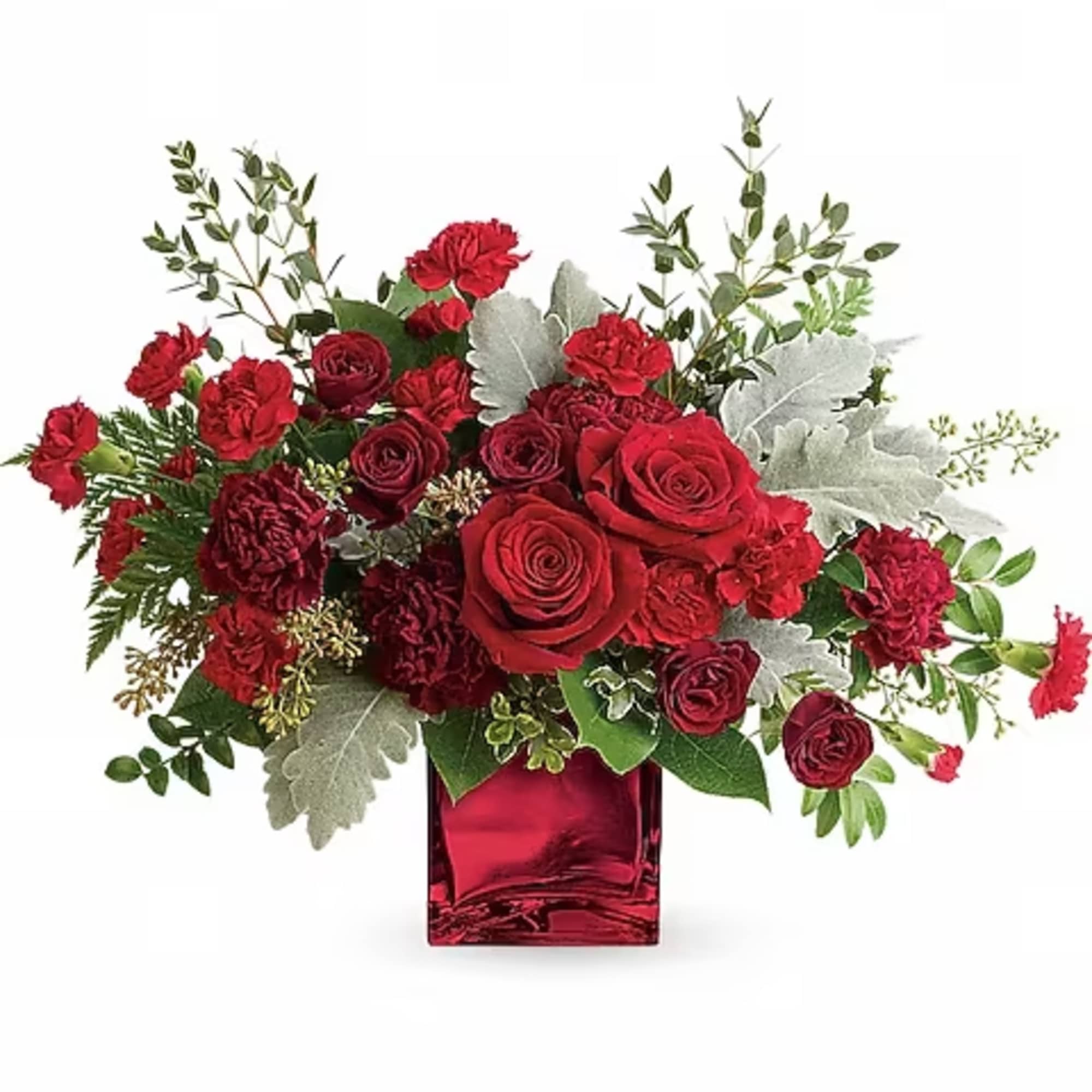 Red roses and carnations in a red glass vase