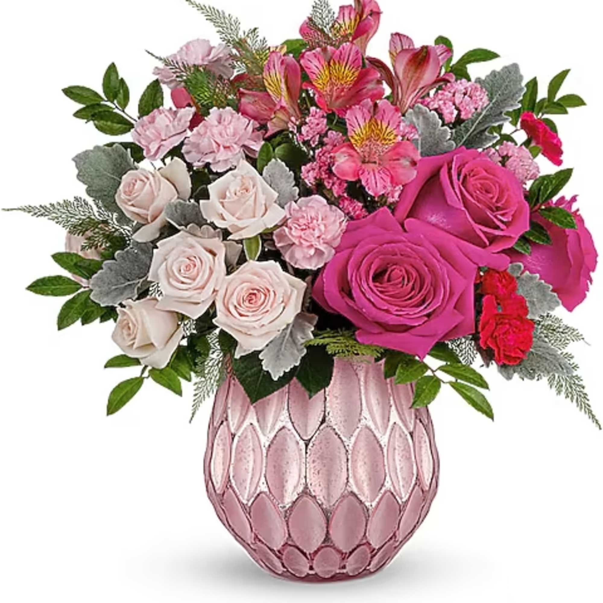 Pink and white rose bouquet in a pink textured vase