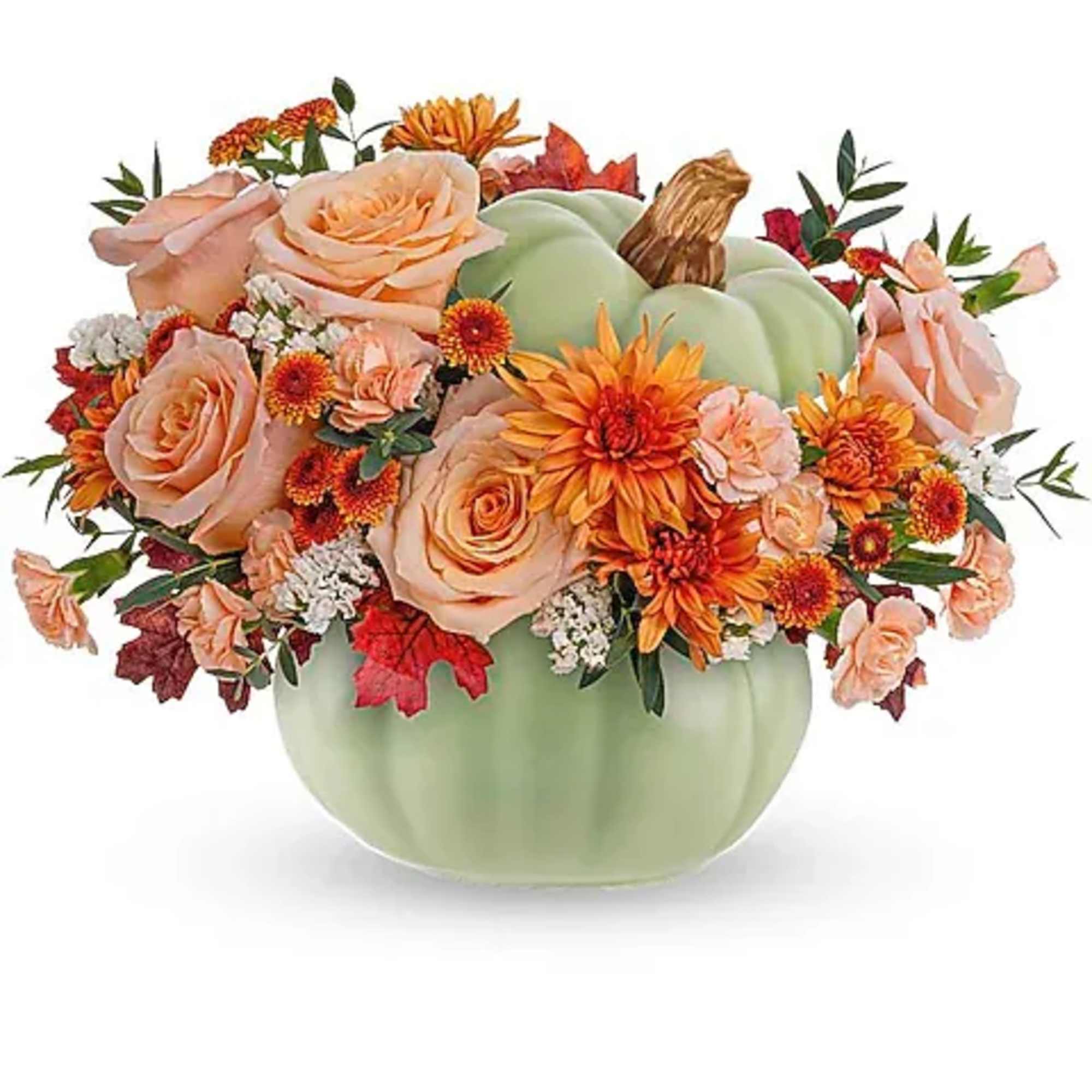 Pumpkin-shaped vase with peach roses and orange flowers