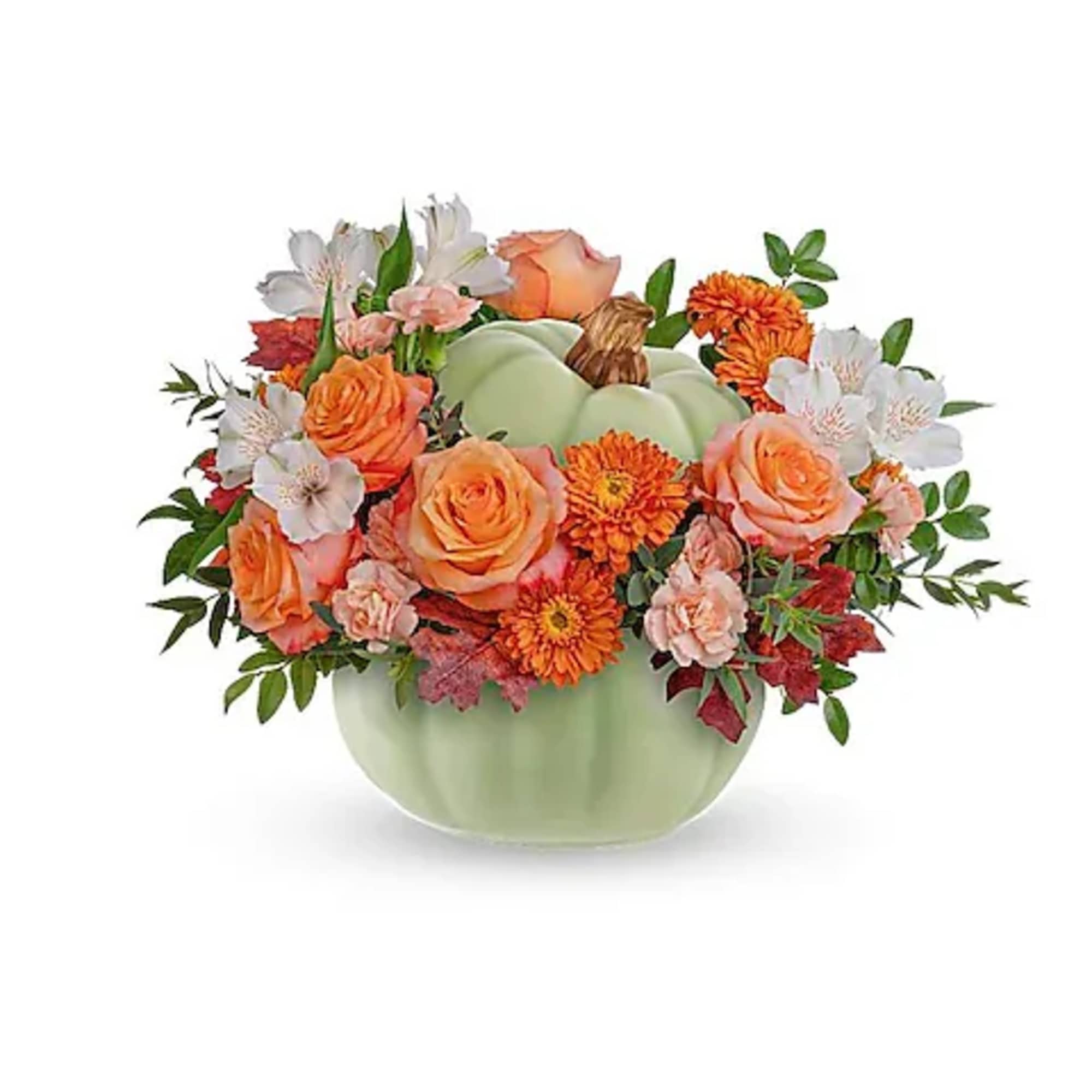 Pumpkin-shaped vase with orange and white flowers