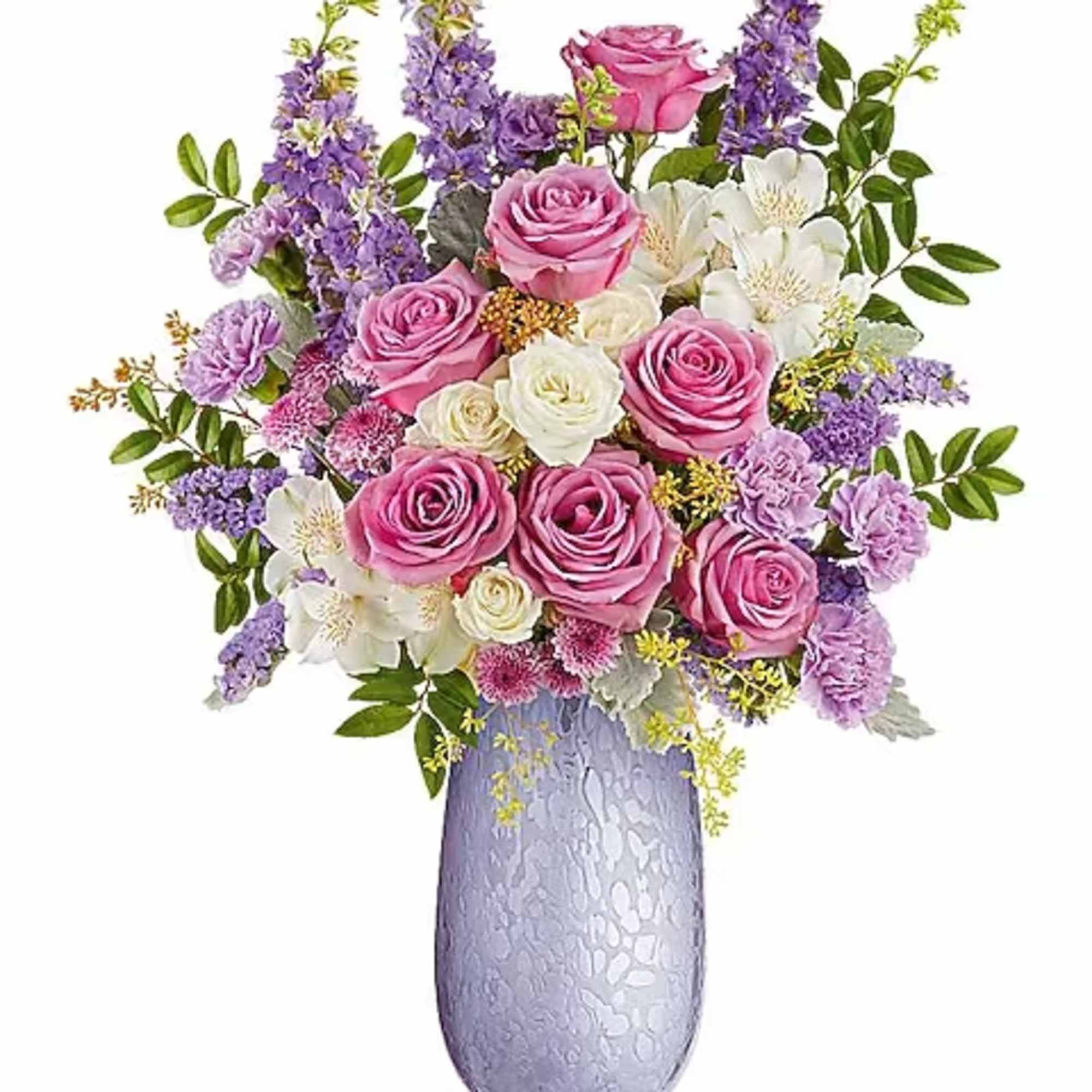 Pink and white roses with purple flowers in a lavender vase