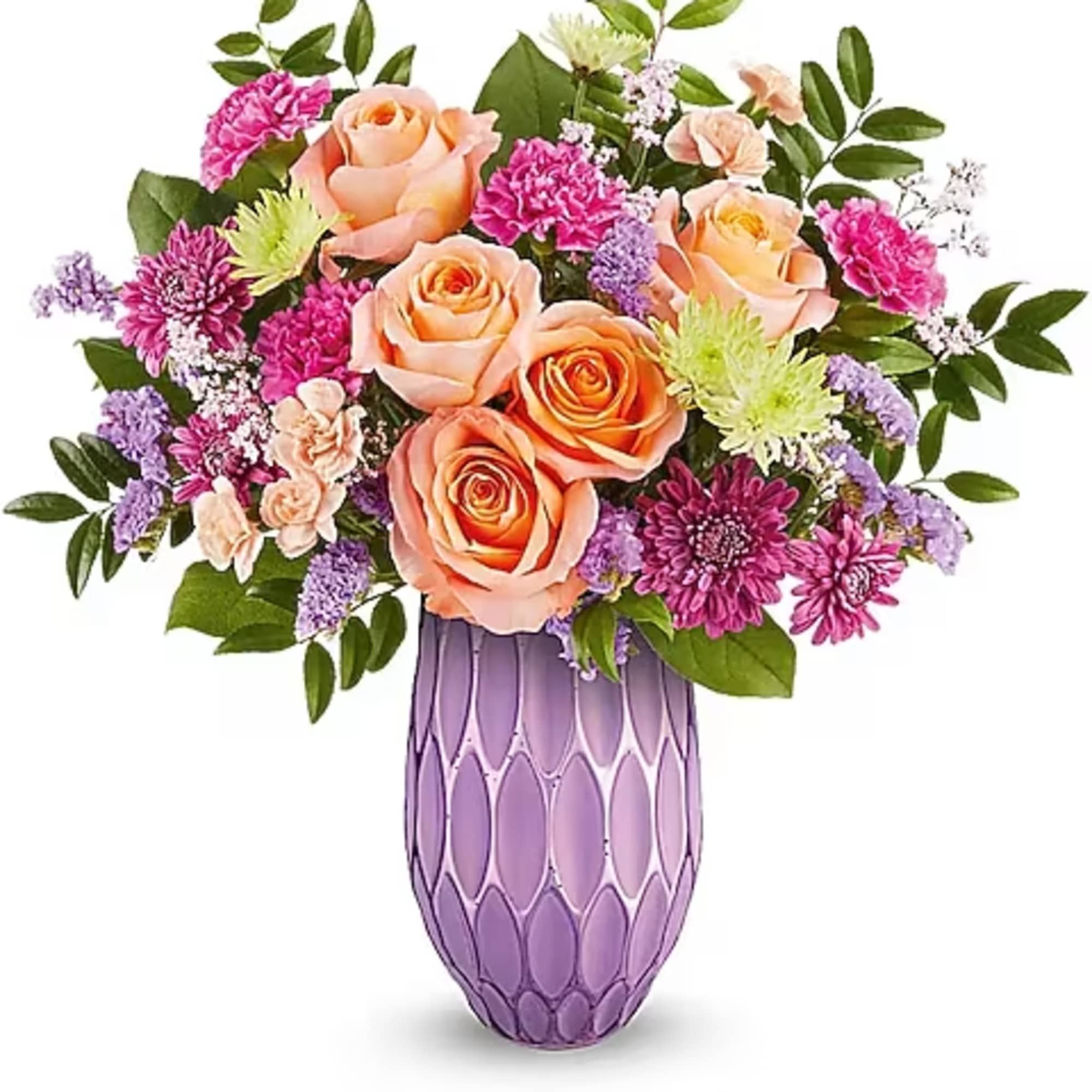 Peach roses and purple flowers arranged in a lavender vase
