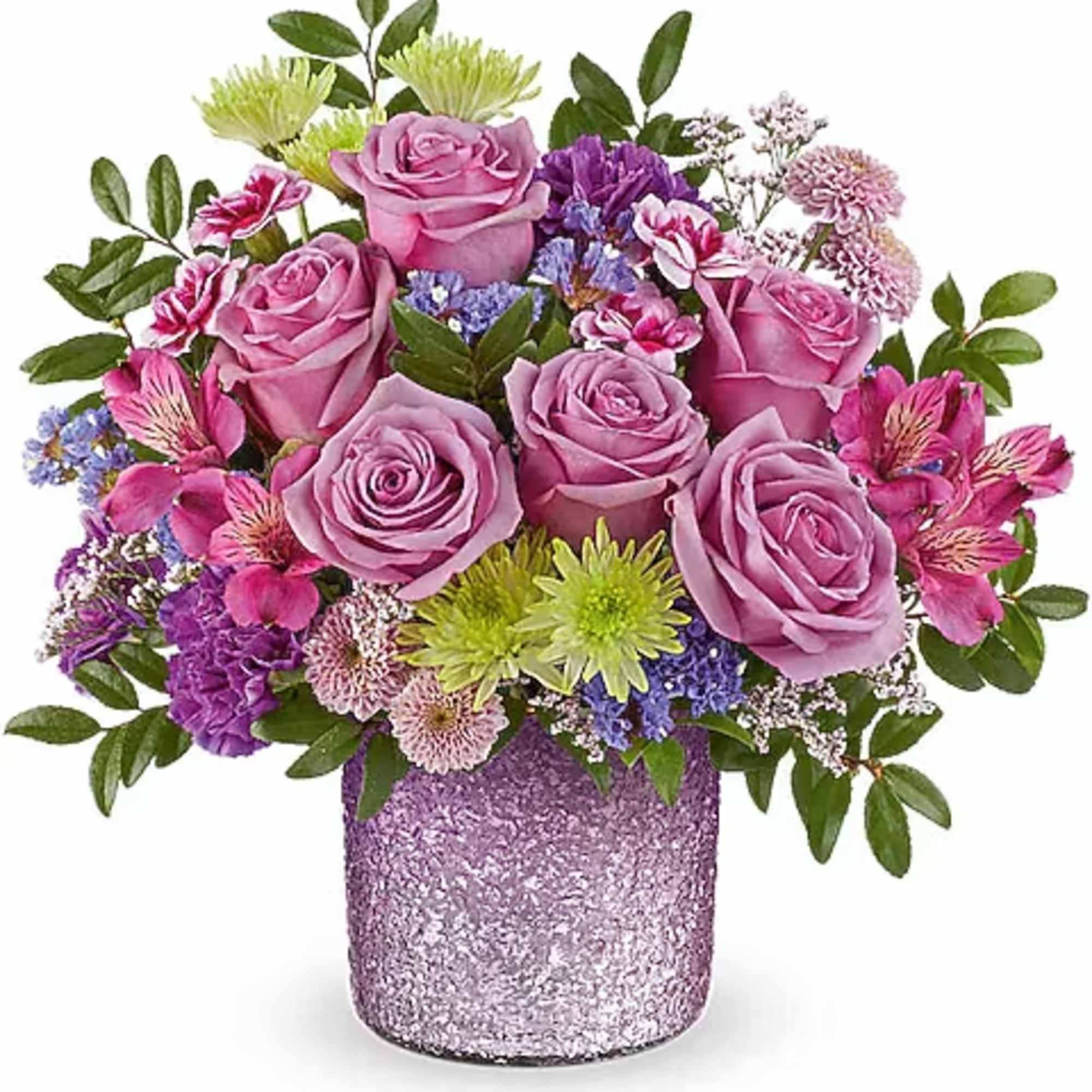 Pink and lavender roses in a glittery vase with mixed filler flowers