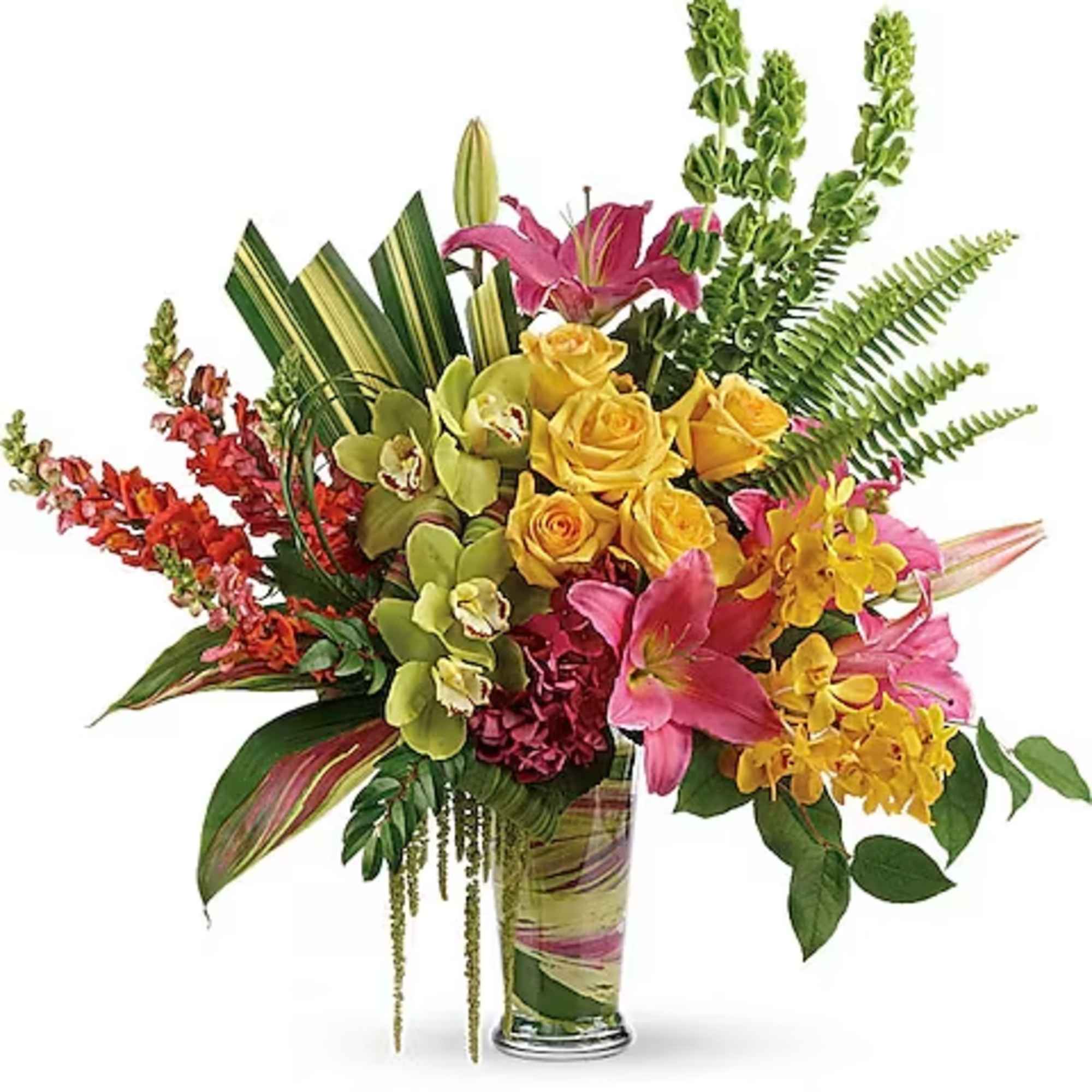 Tropical bouquet with yellow roses, pink lilies, and orchids in a glass vase