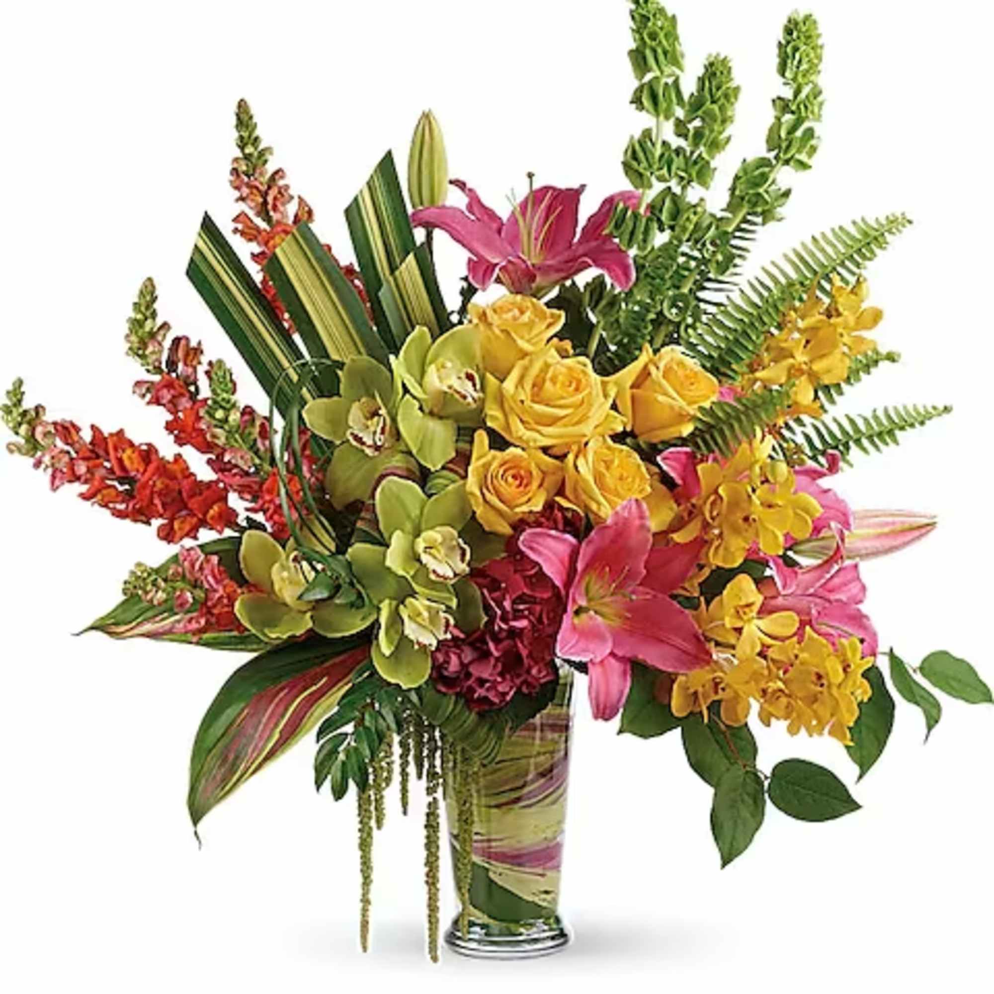 Colorful bouquet of lilies, roses, and orchids in a glass vase