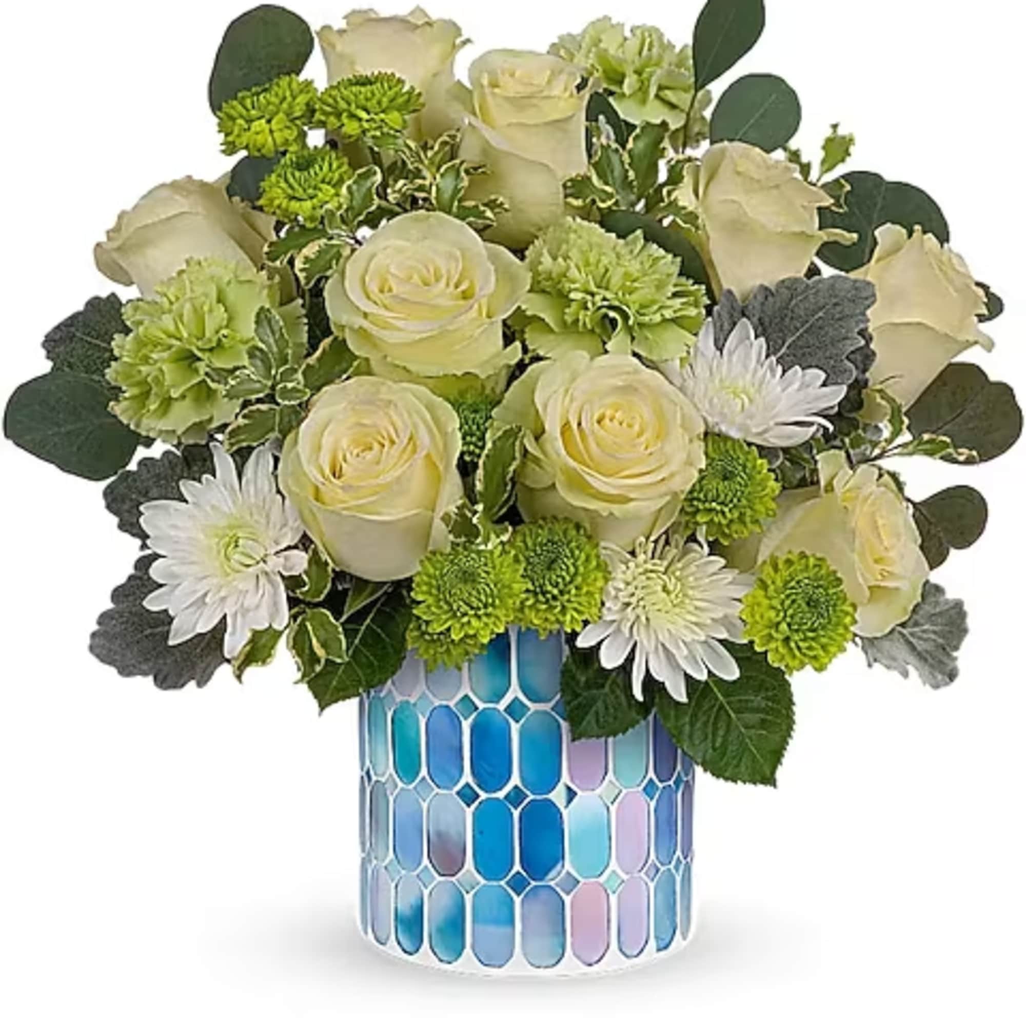 Cream roses and green chrysanthemums in a blue mosaic vase