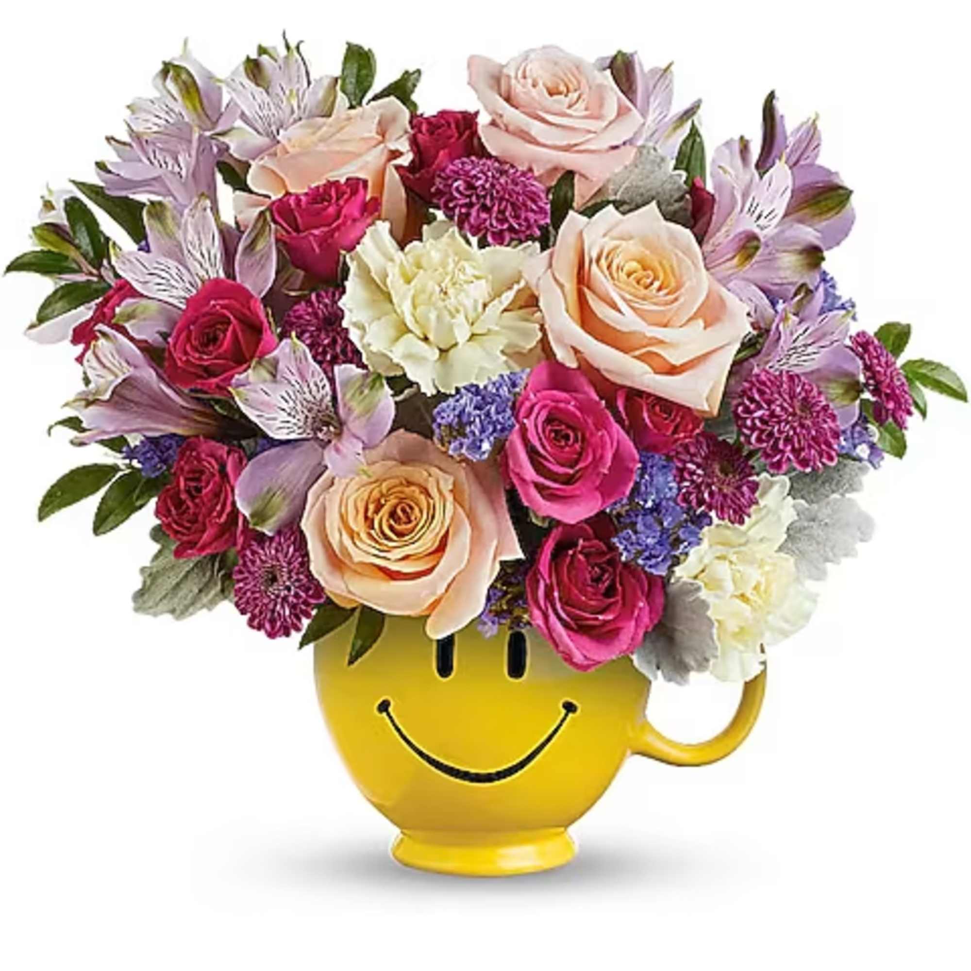 Bouquet of mixed flowers in a yellow smiley-face mug