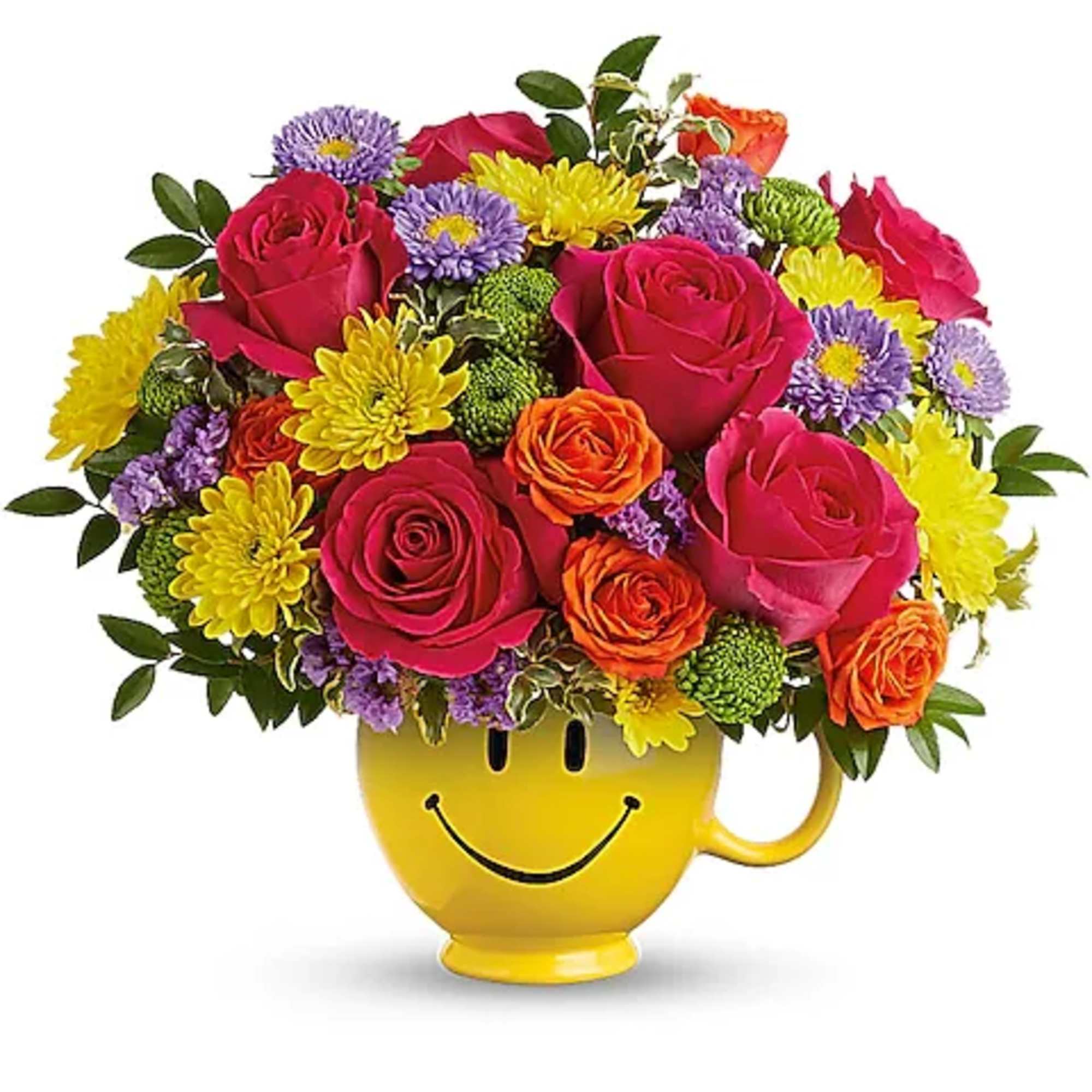 Colorful bouquet in a yellow smiley-face mug