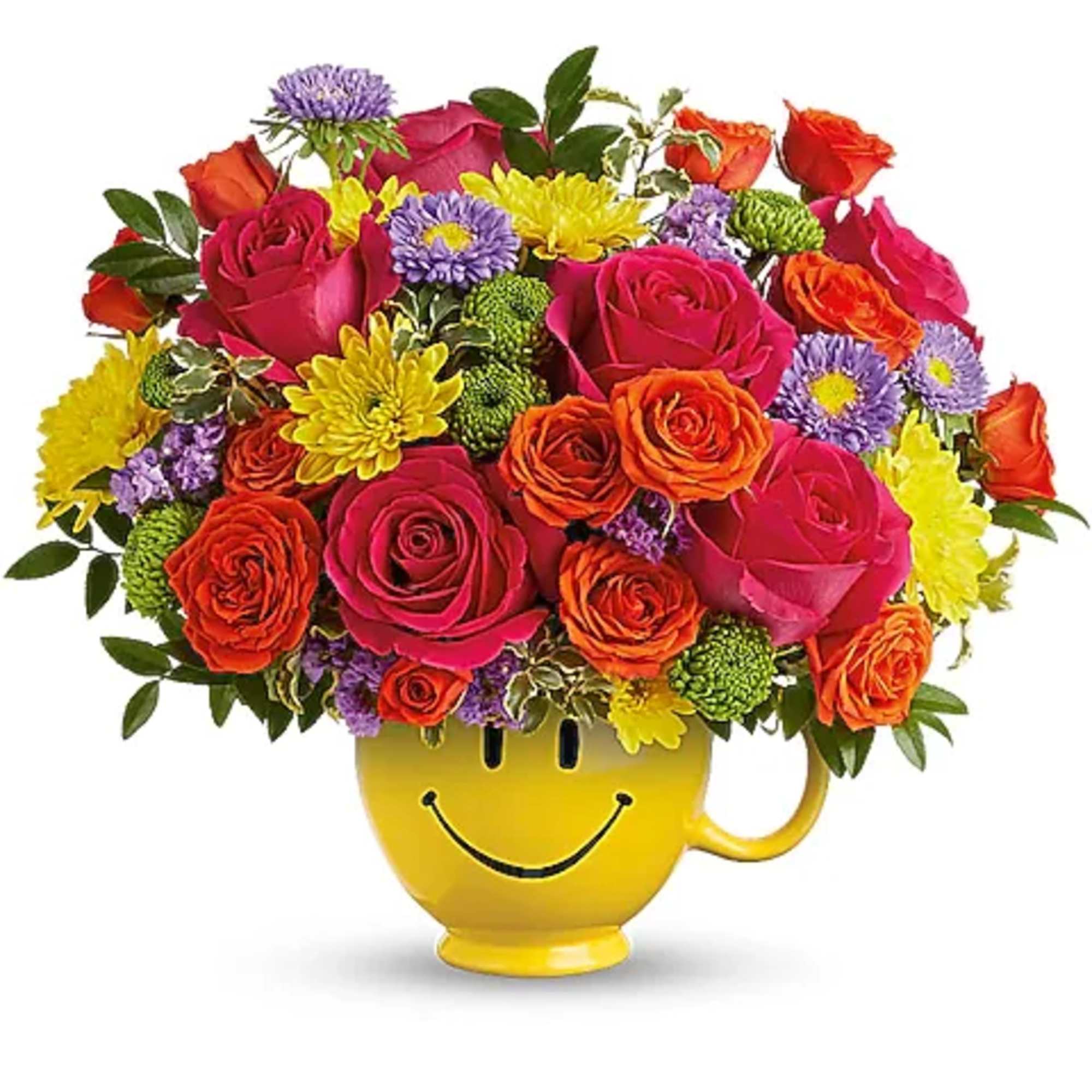 Colorful bouquet in a yellow smiley-face mug