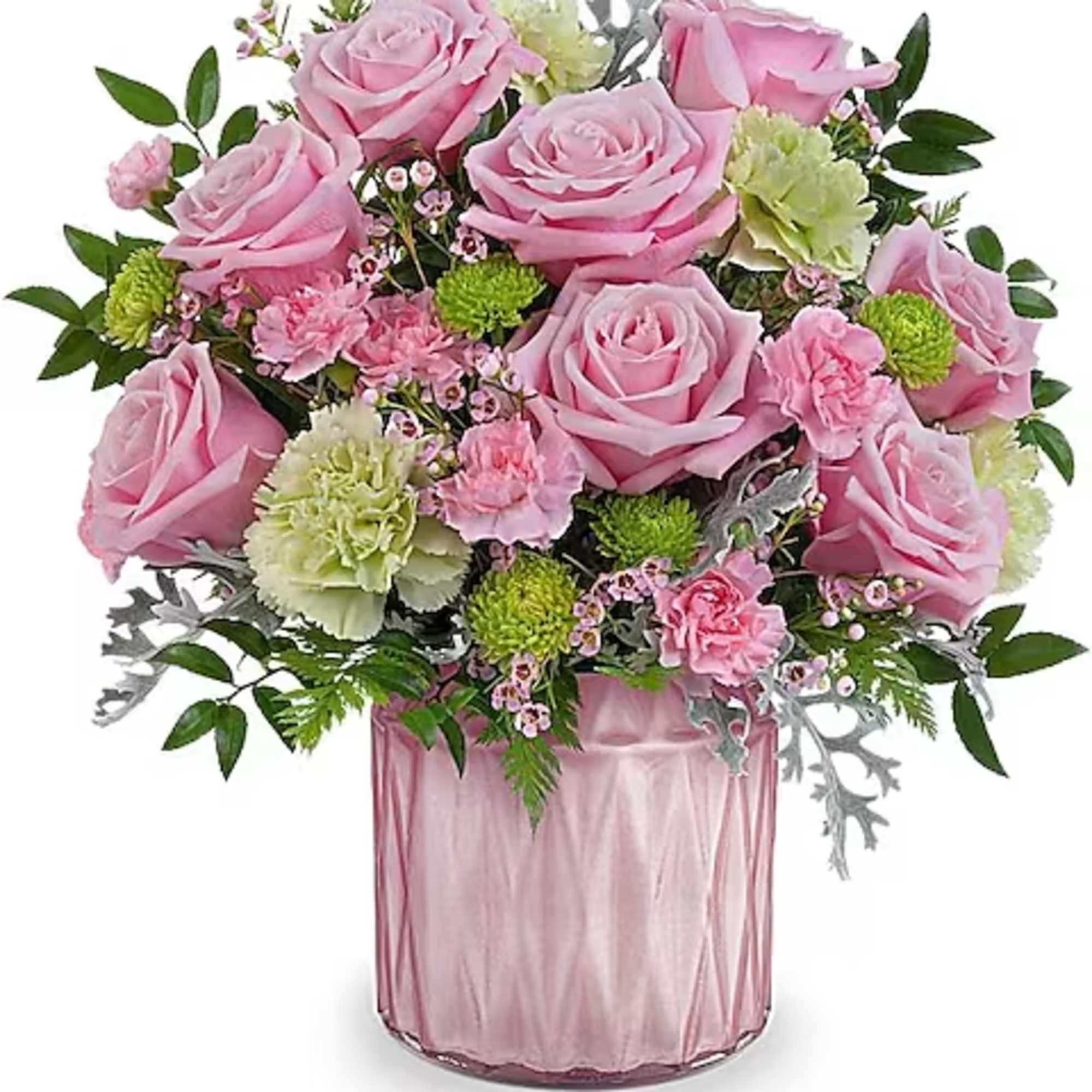 Pink roses and carnations in a pink glass vase
