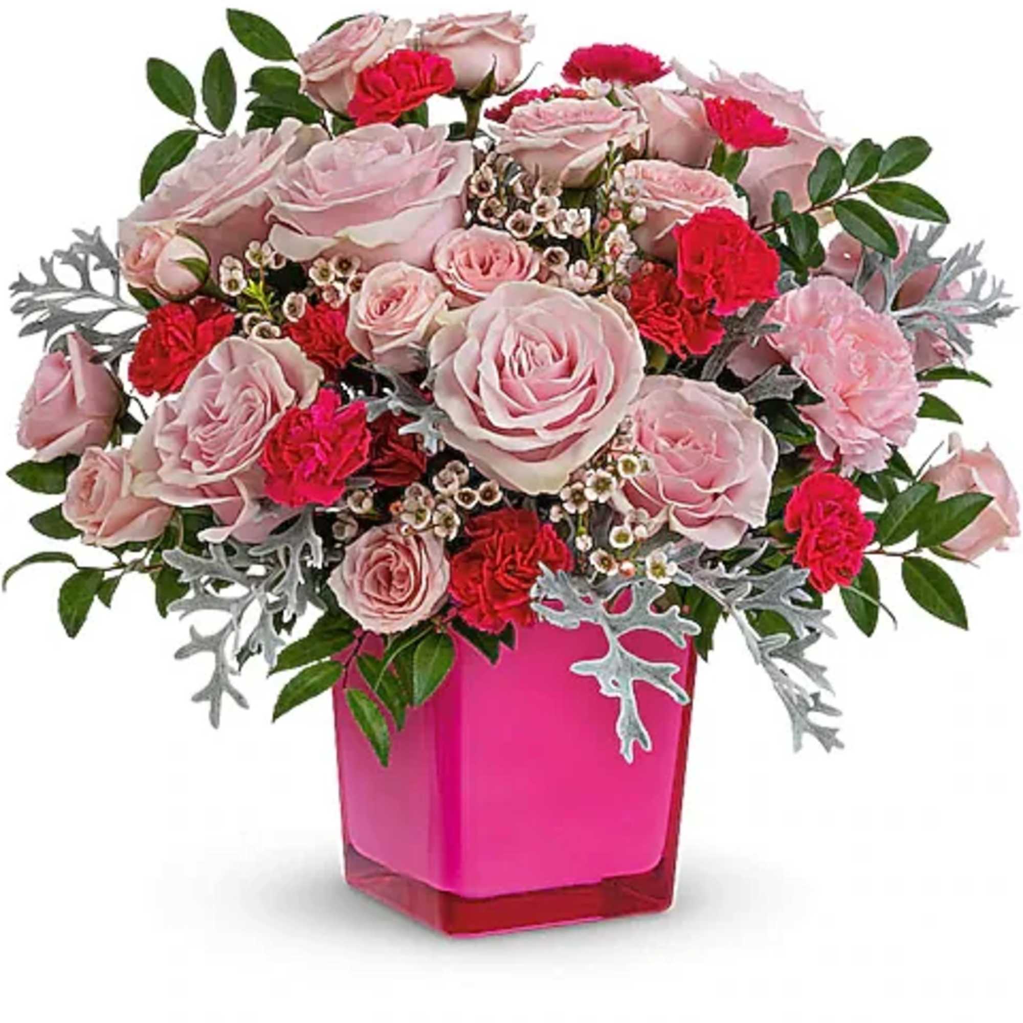 Pink and red rose bouquet in a bright pink vase