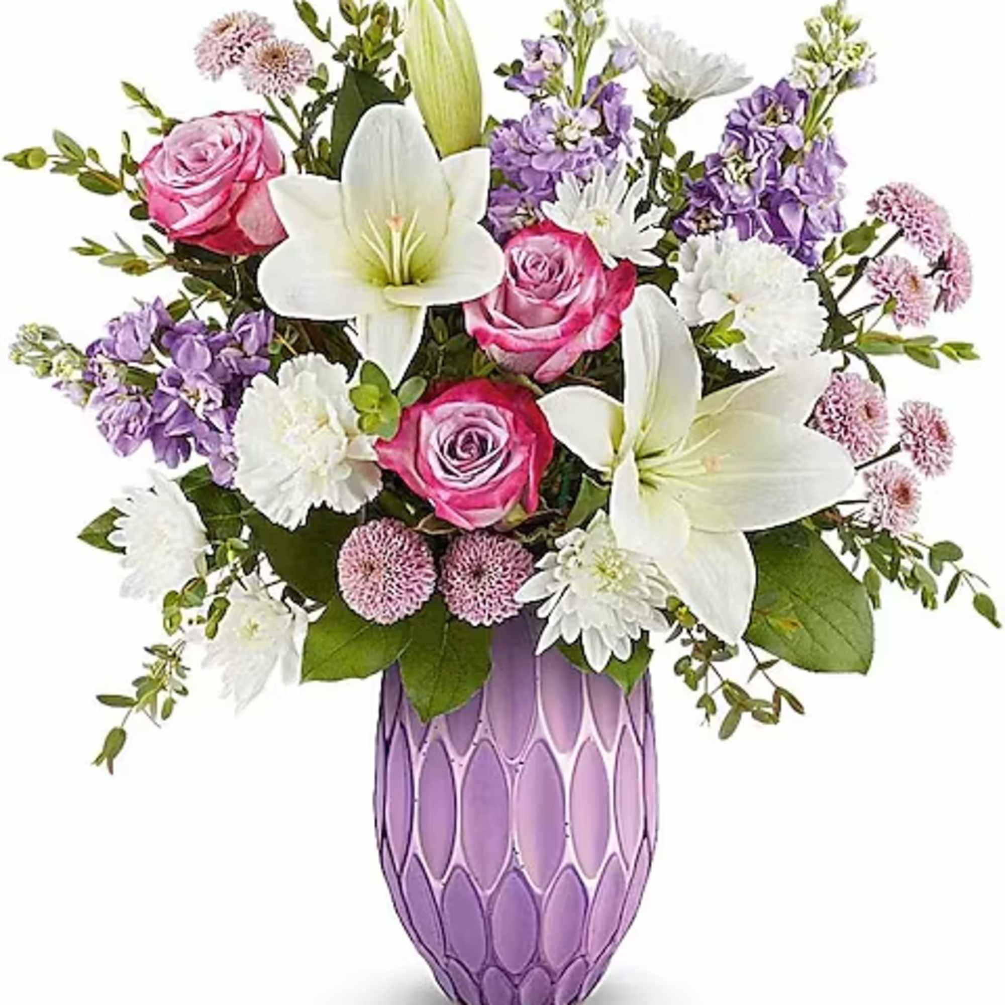 Pink roses and white lilies in a purple vase