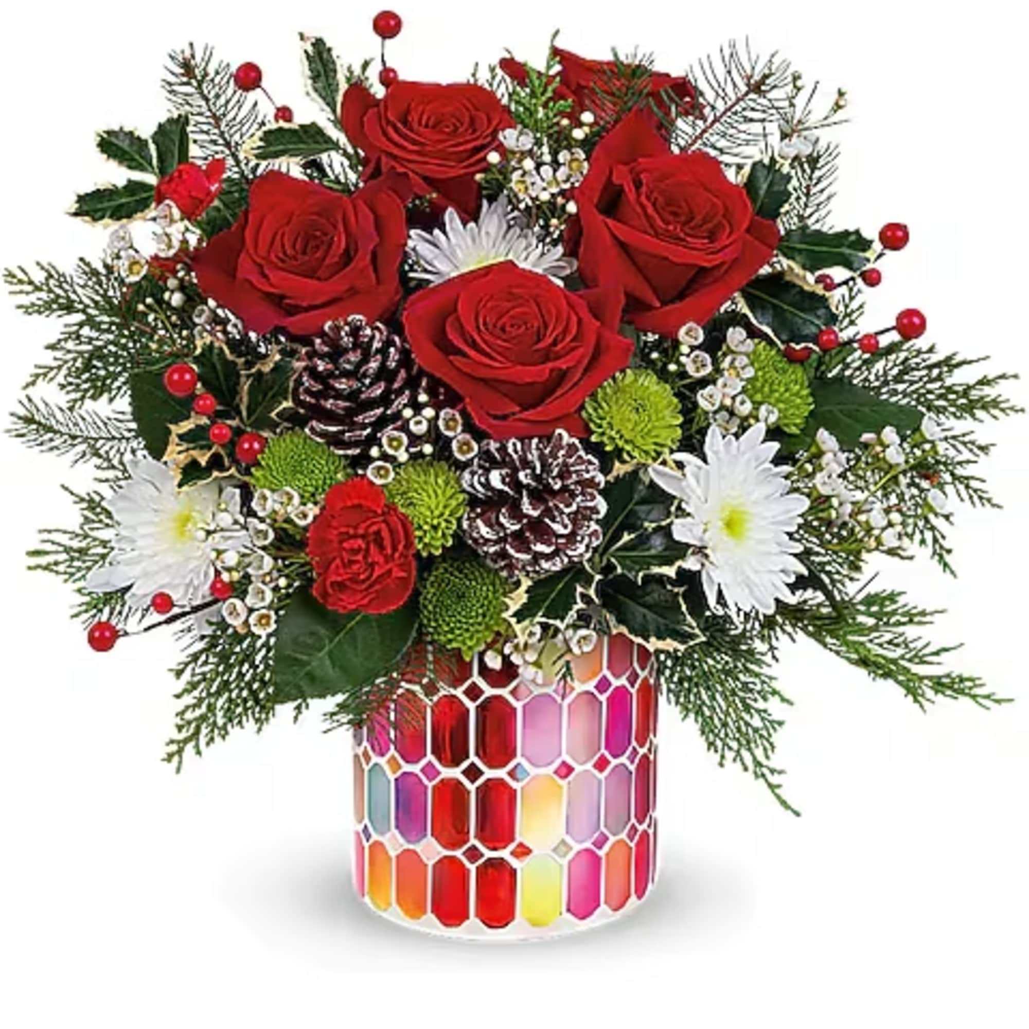 Red roses and white daisies in a colorful mosaic vase