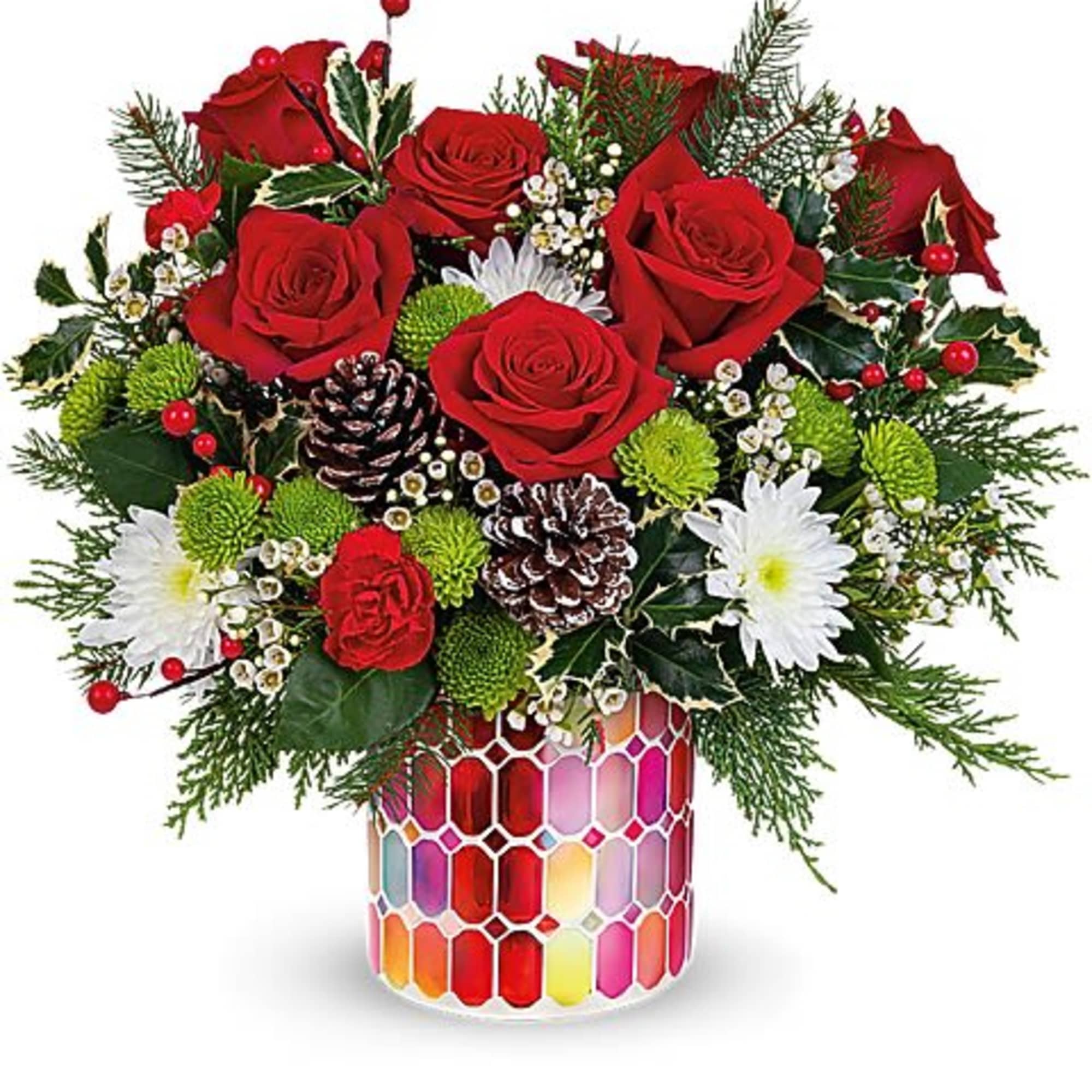 Red roses and white daisies in a colorful mosaic vase