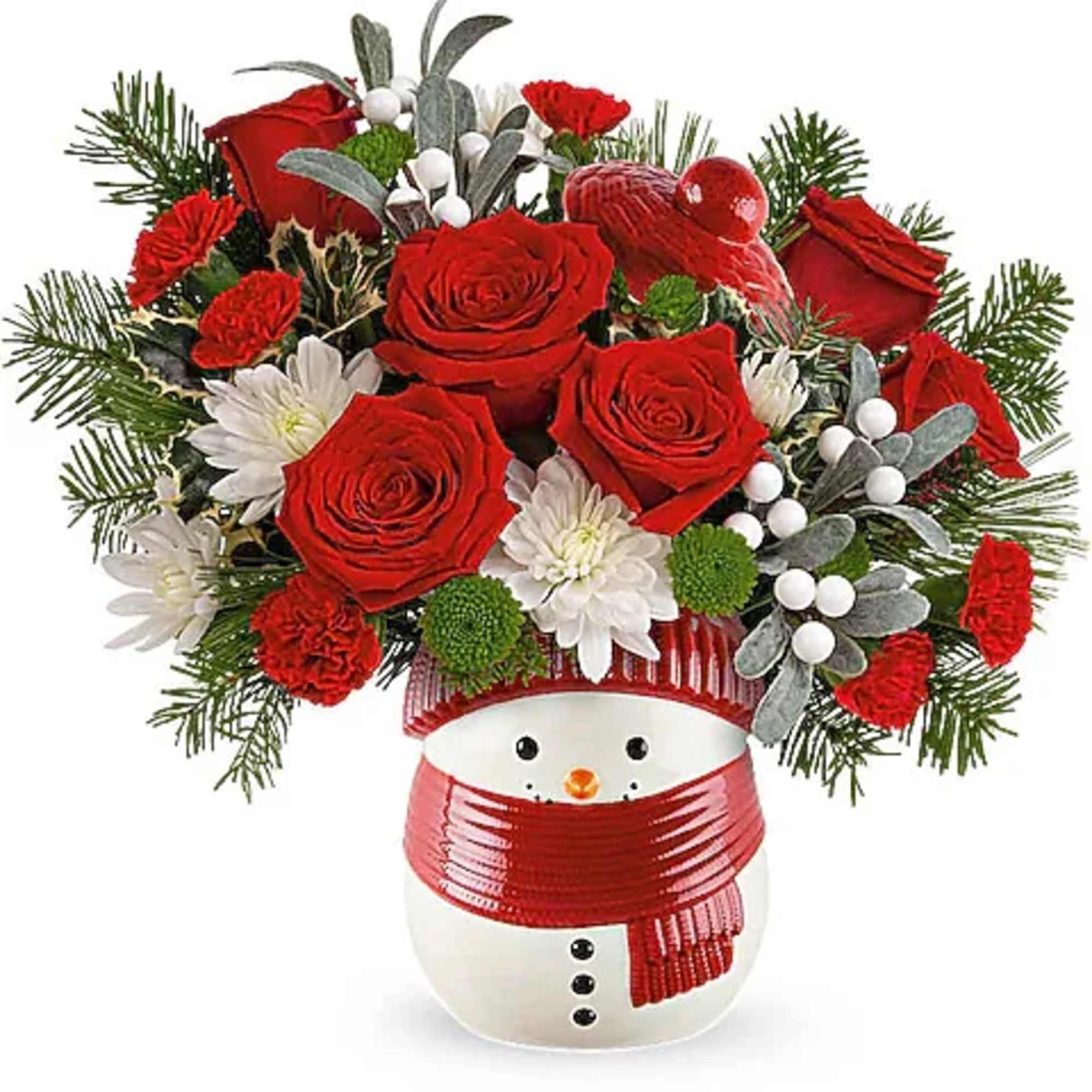 Red roses and white flowers arranged in a snowman vase with a red scarf