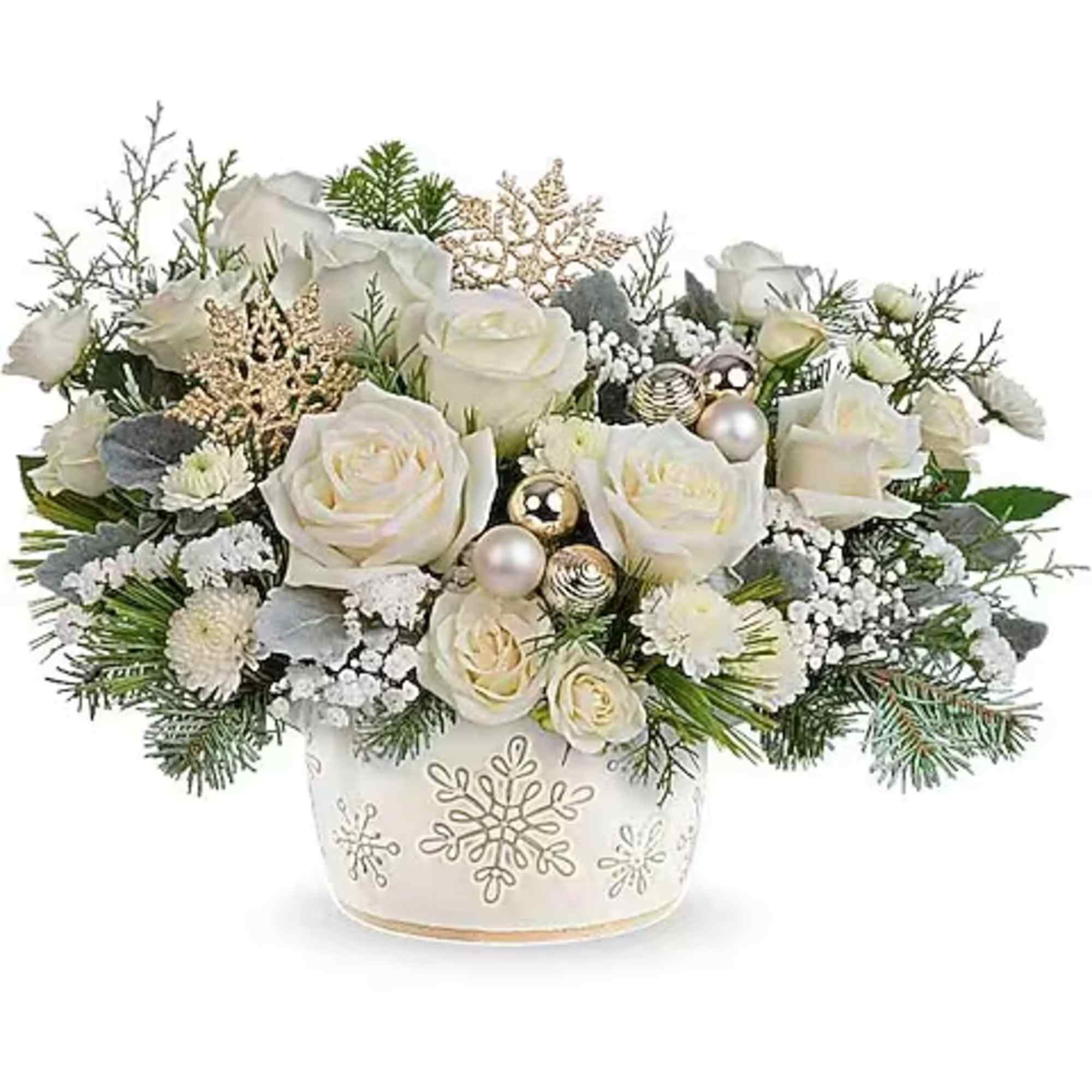 White rose arrangement in a snowflake vase with silver ornaments