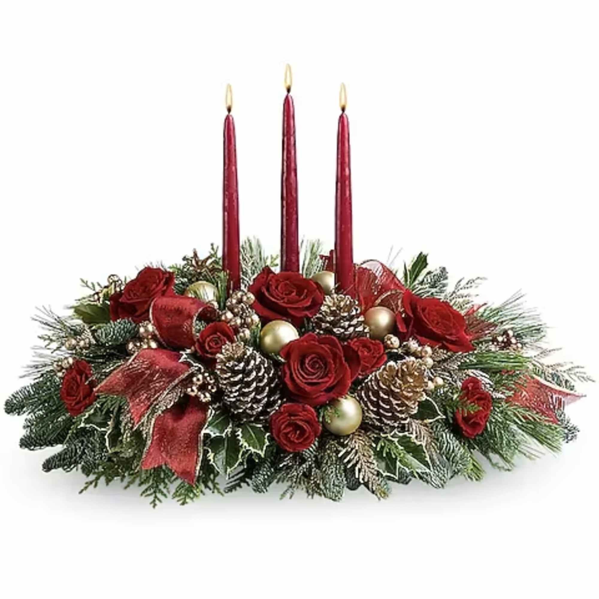 Red rose centerpiece with three red candles and pinecones