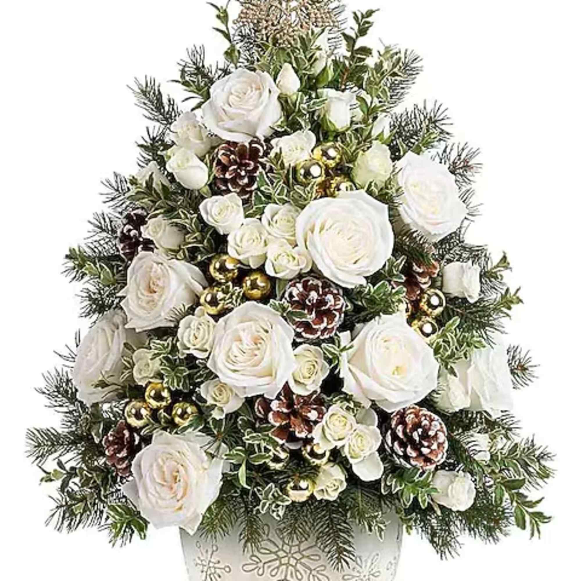 White roses in a snowflake-decorated pot with pinecones and gold ornaments
