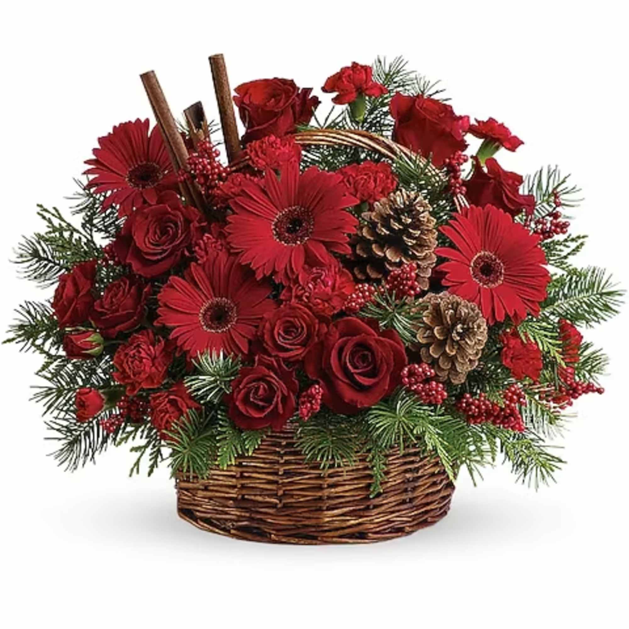 Red roses and gerbera daisies in a wicker basket with pinecones