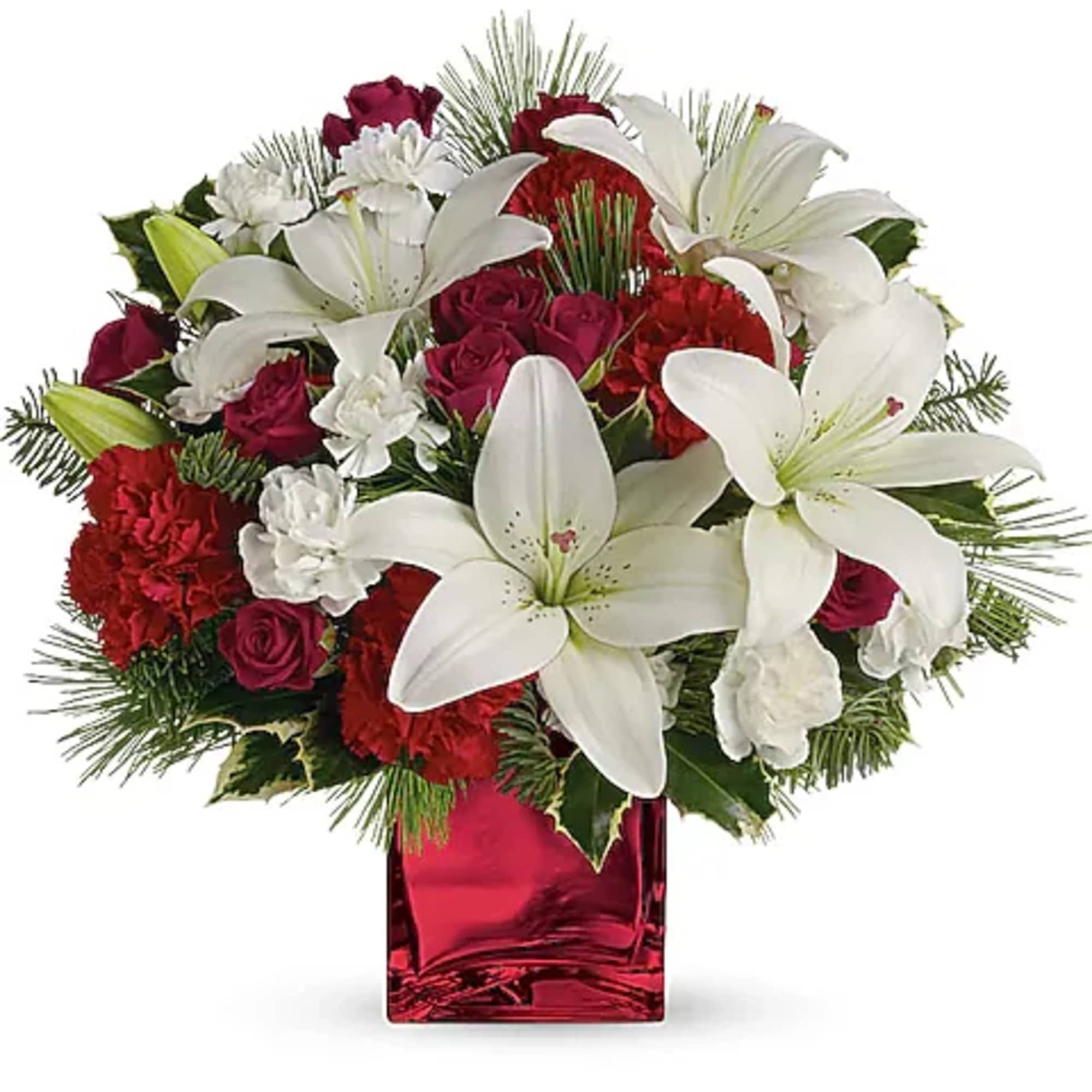 Red and white floral arrangement in a red glass vase