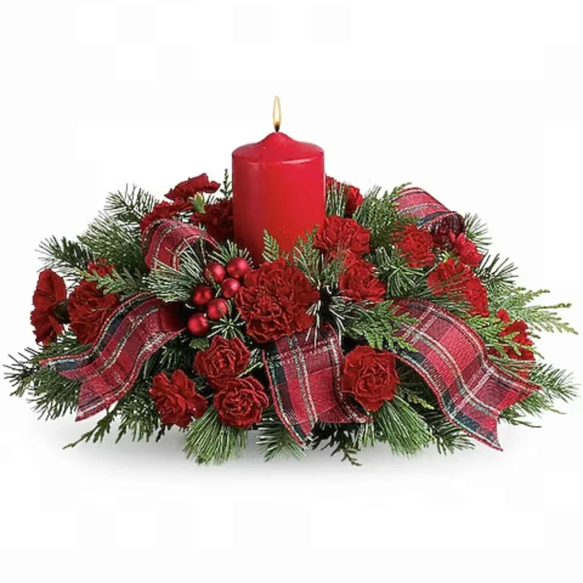 Red candle centerpiece with roses and plaid ribbon