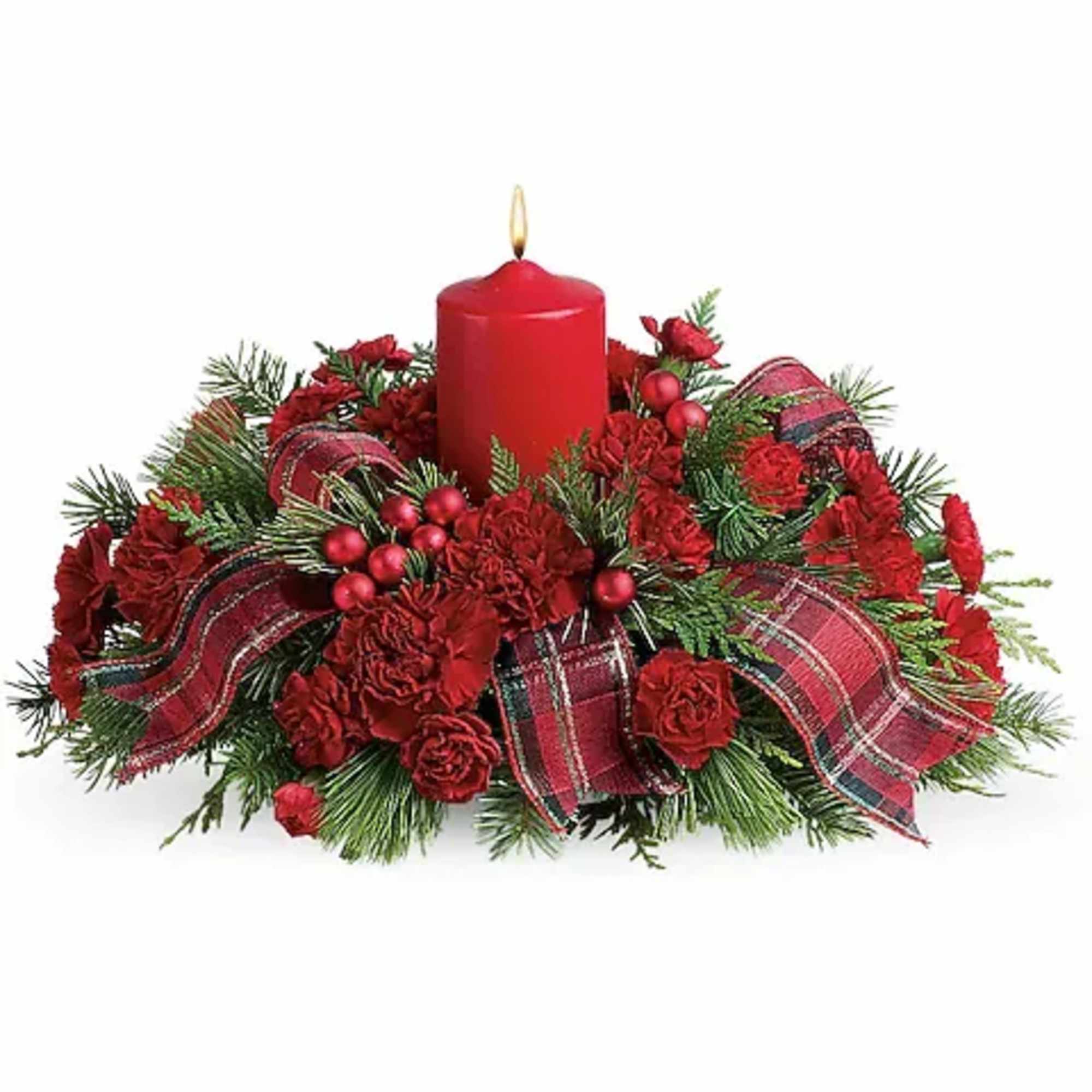 Red candle centerpiece with roses, plaid ribbon, and evergreen accents