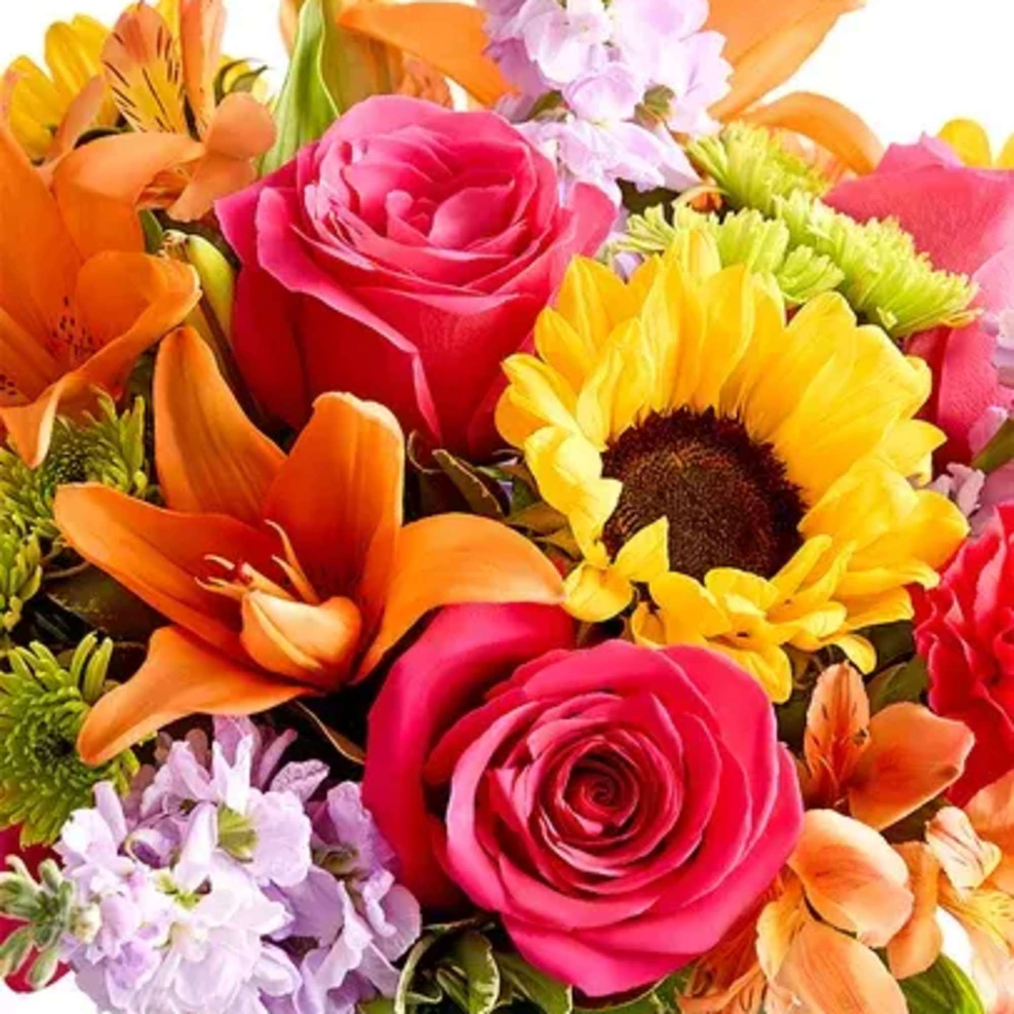 Bright mixed bouquet with pink roses, sunflowers, and orange lilies
