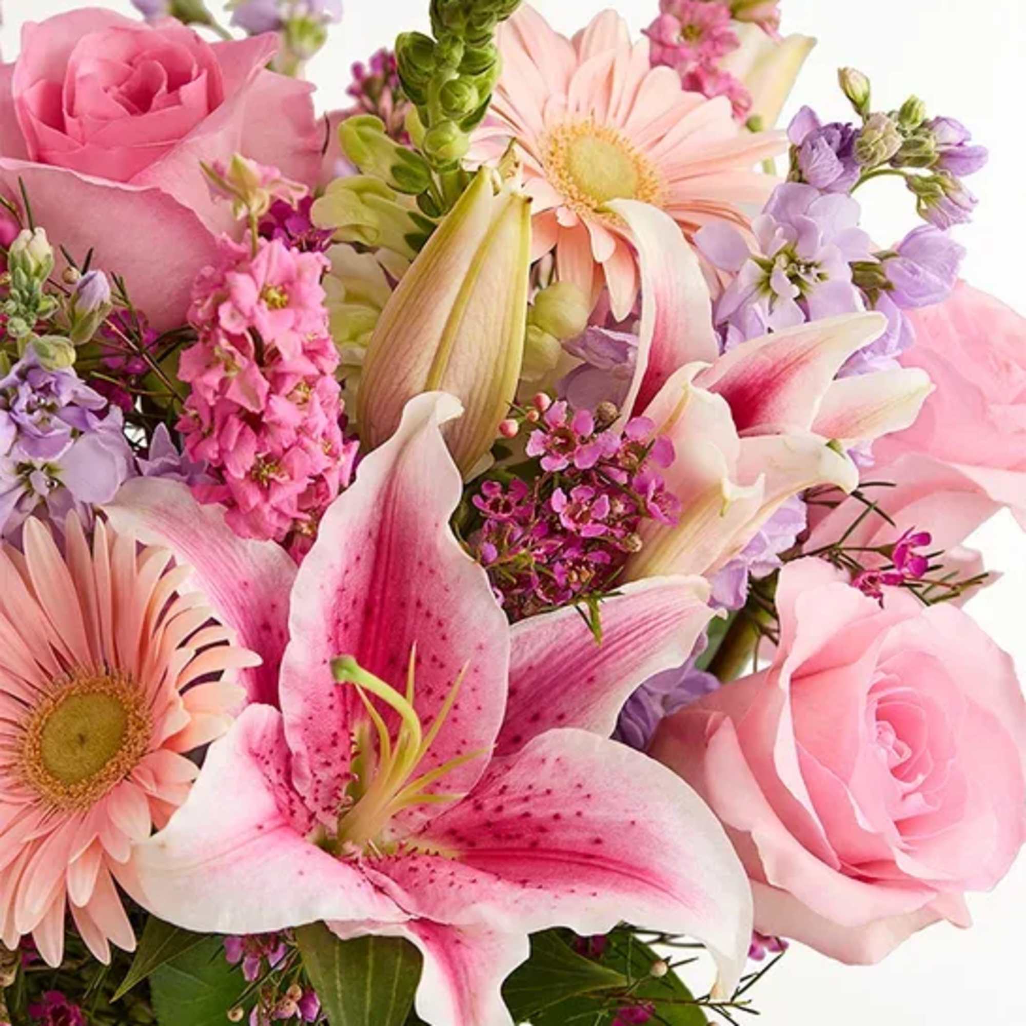 Pink roses and lilies with pastel gerbera daisies and purple blooms