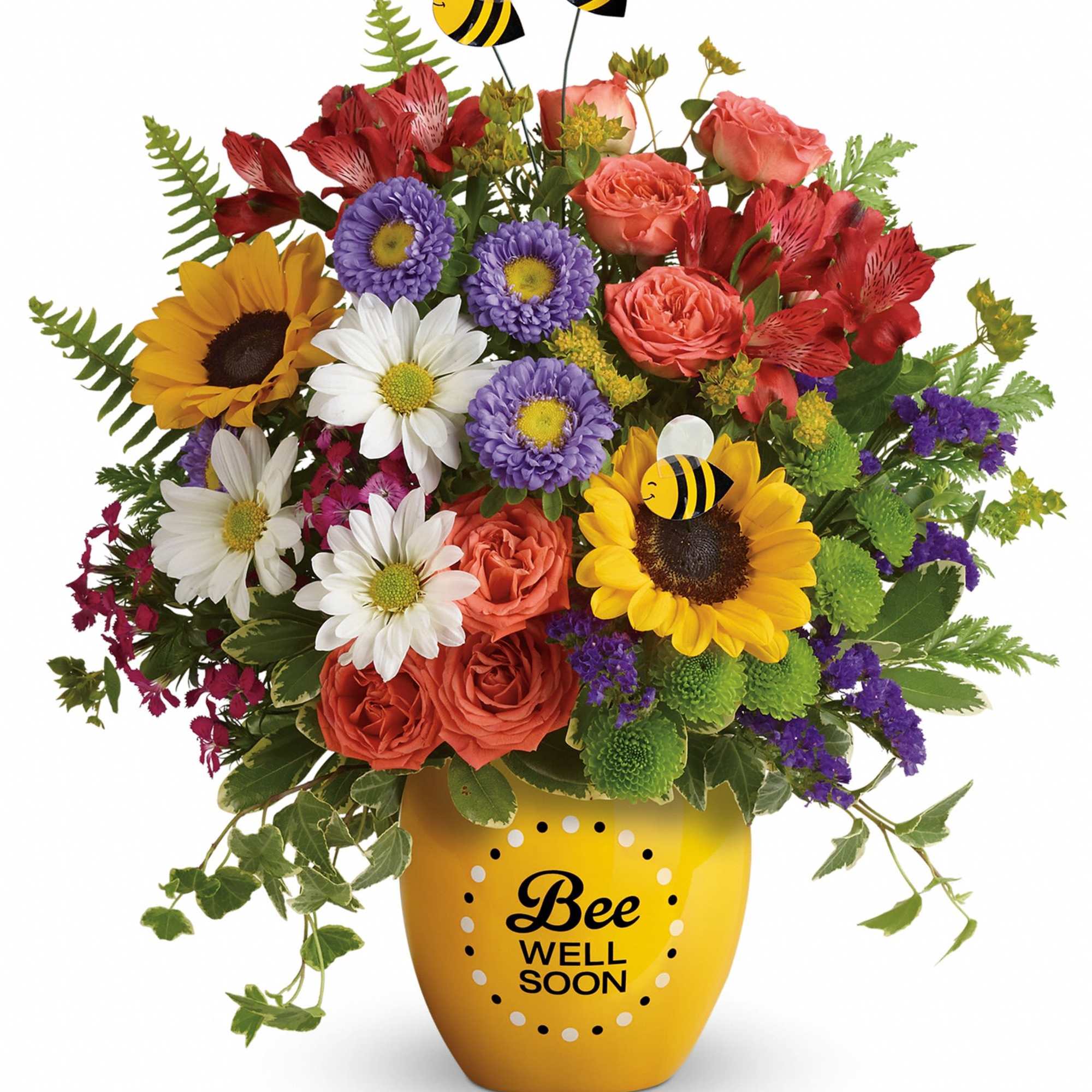 Mixed bouquet in a yellow vase with bee decorations