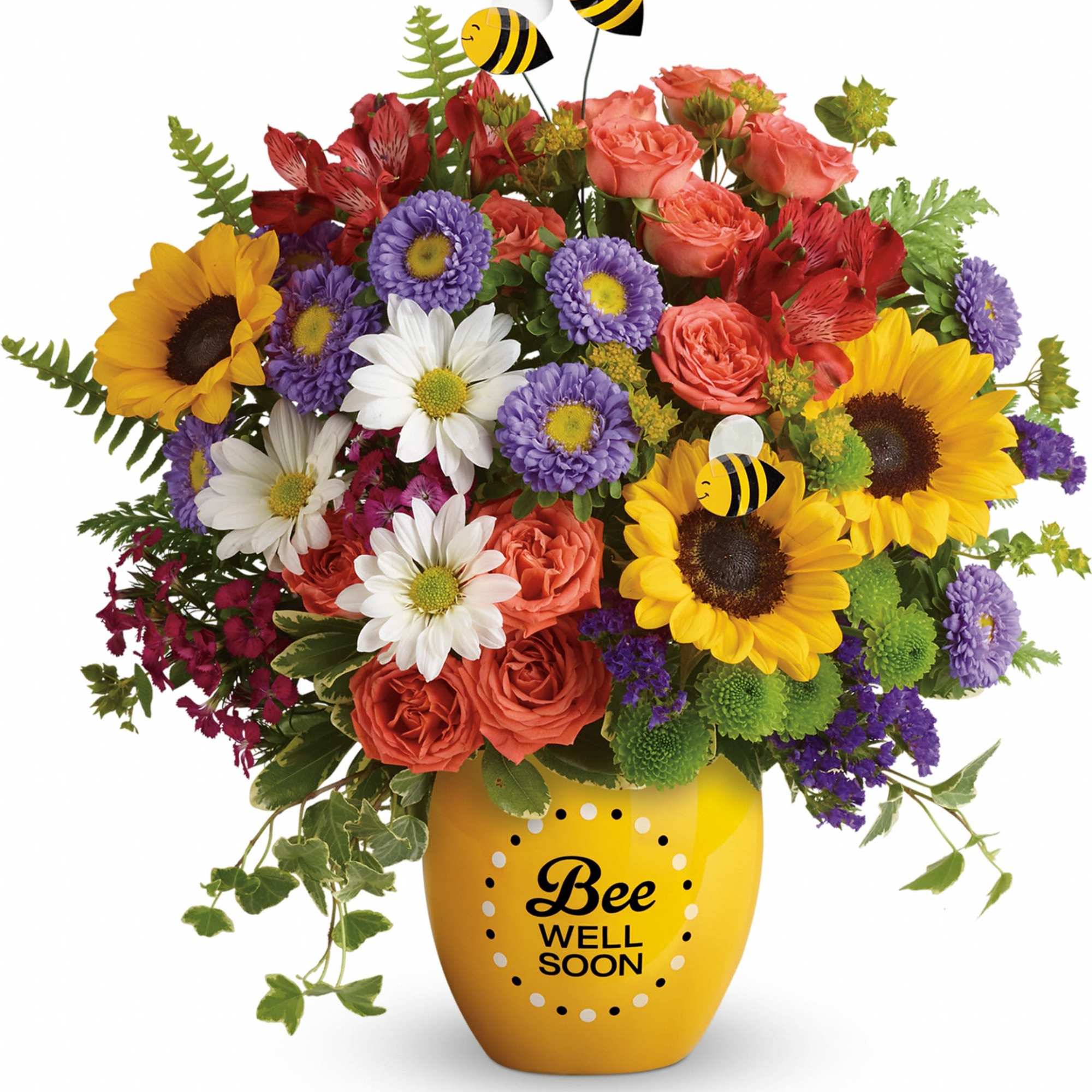 Mixed bouquet in a yellow vase with bee decorations