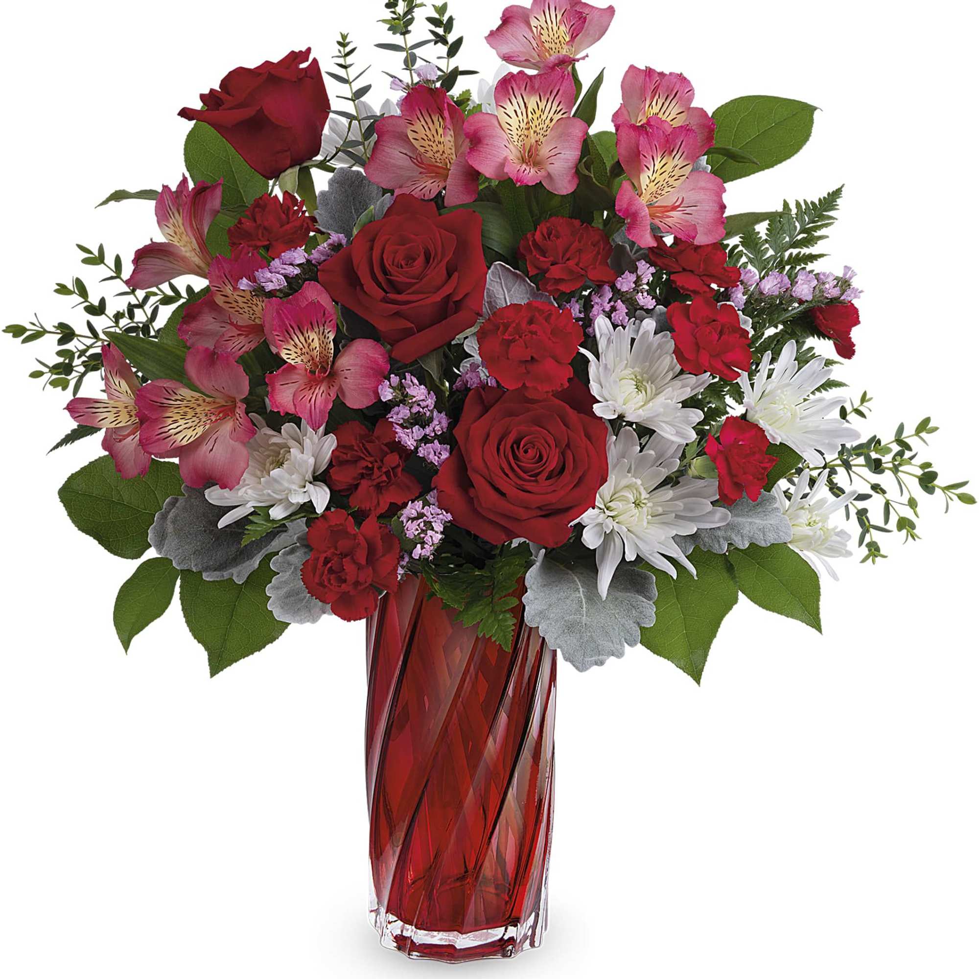 Red roses and pink alstroemeria in a red glass vase