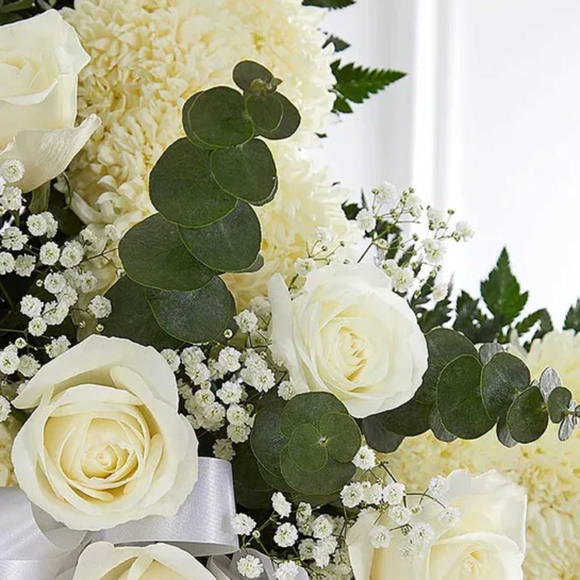 White roses and baby's breath with round eucalyptus leaves