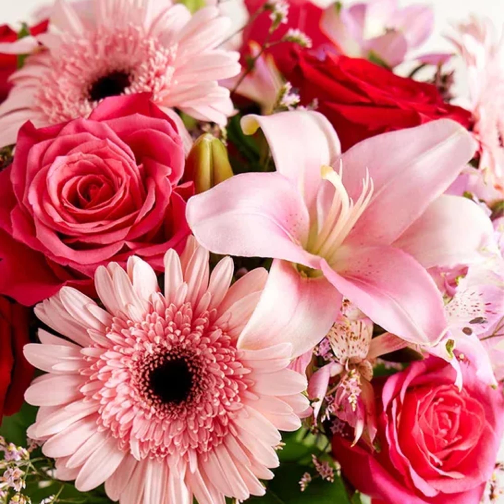 Pink roses and lilies with pale pink gerbera daisies in a bouquet