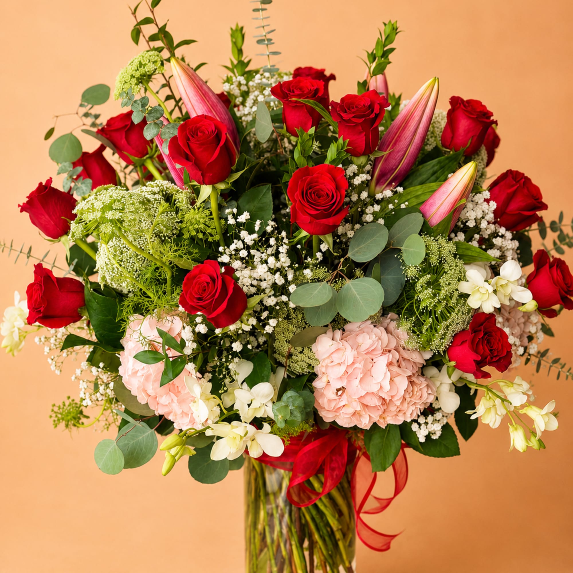 Red Roses, Orchids, Hydrangeas, Lilies