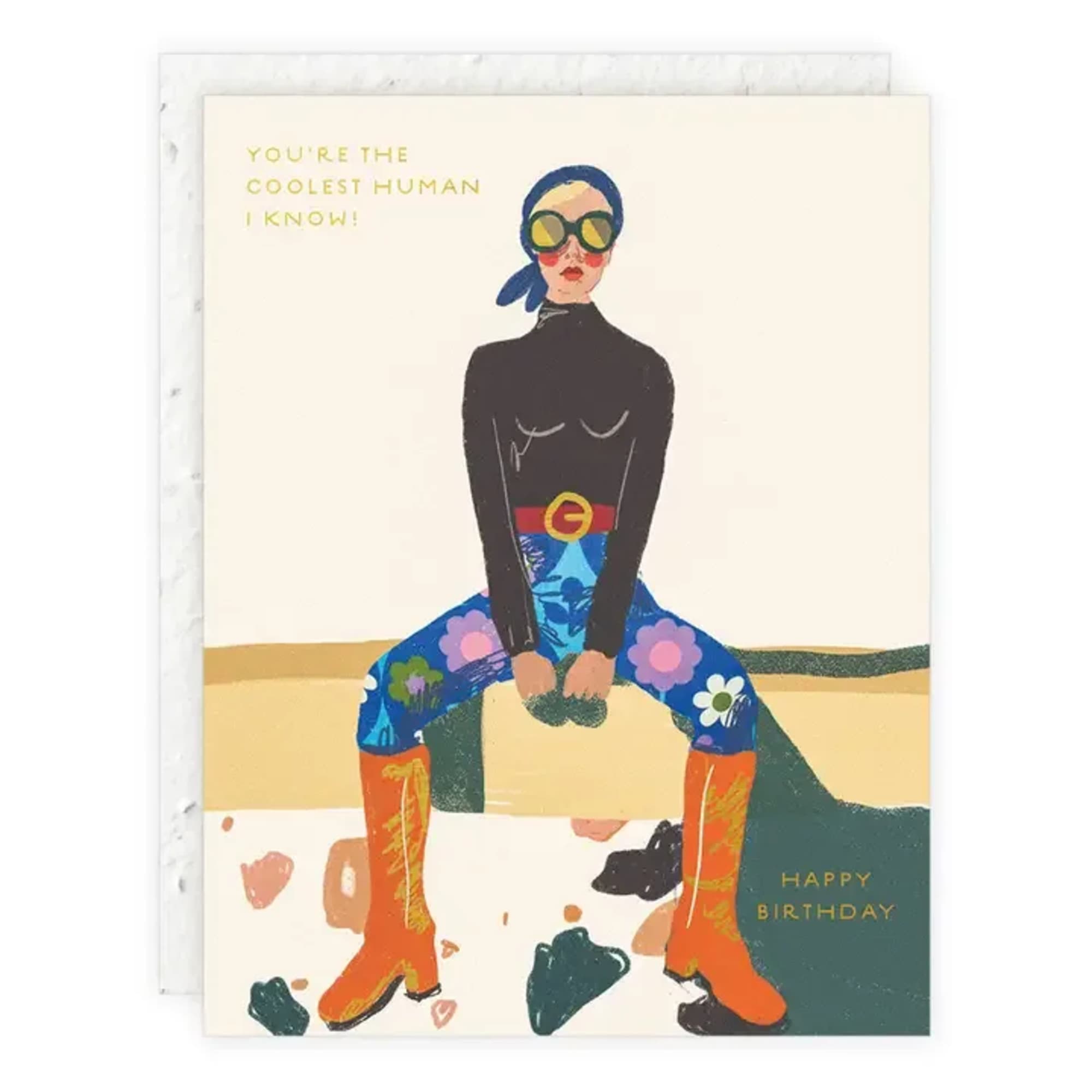 Birthday card with an illustrated woman in sunglasses and boots