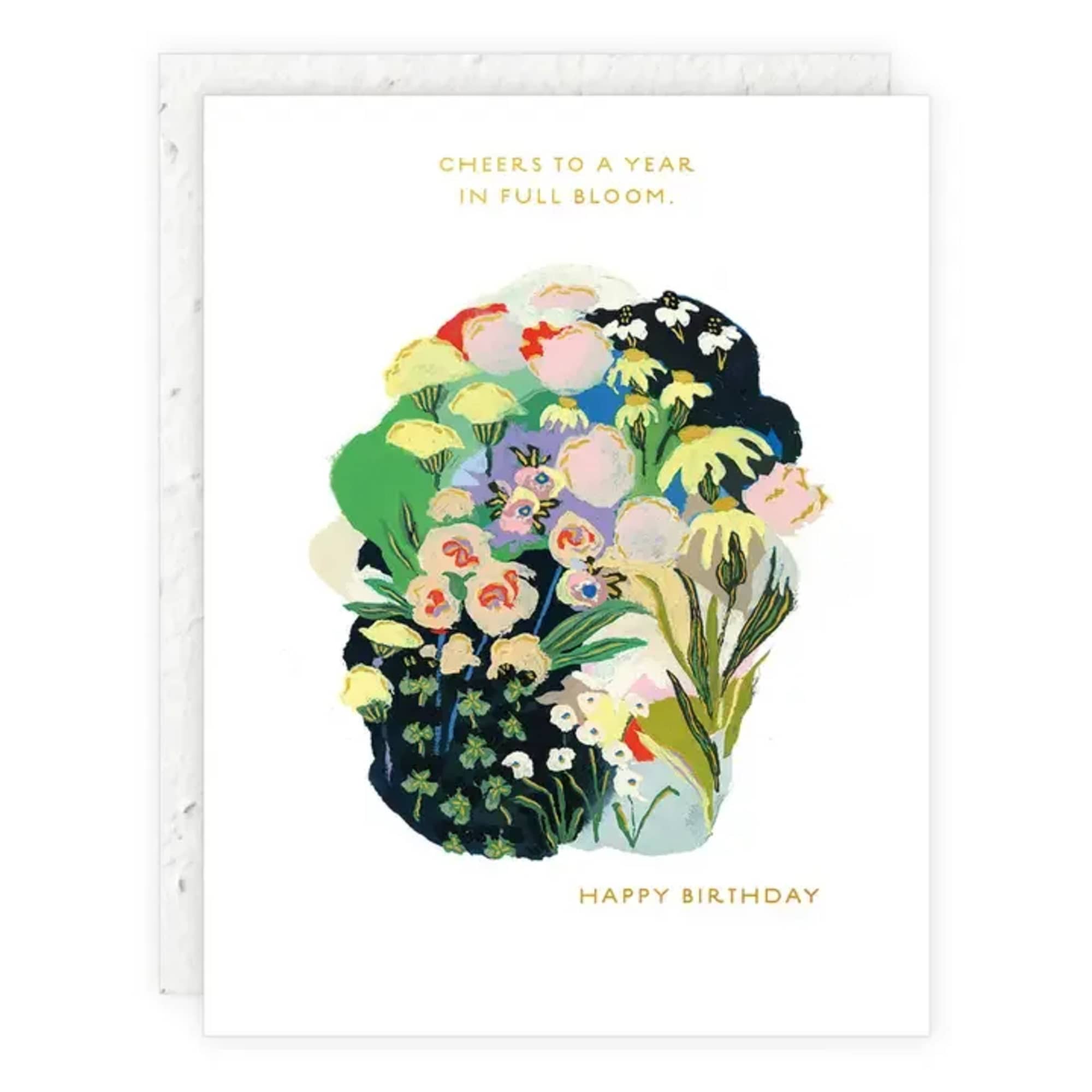 Birthday card with a colorful floral illustration and gold text