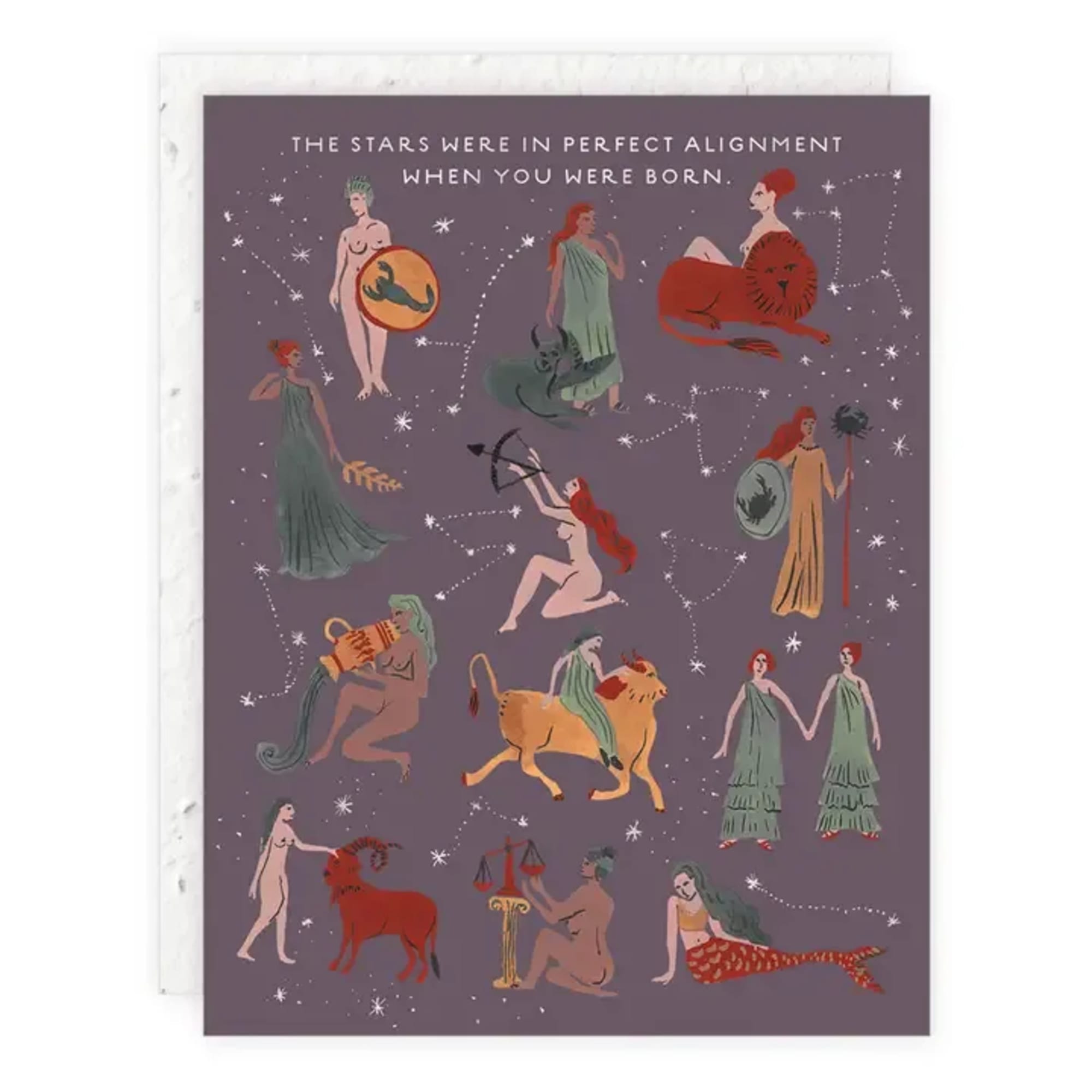 Illustrated zodiac poster with women and constellation lines on a purple background