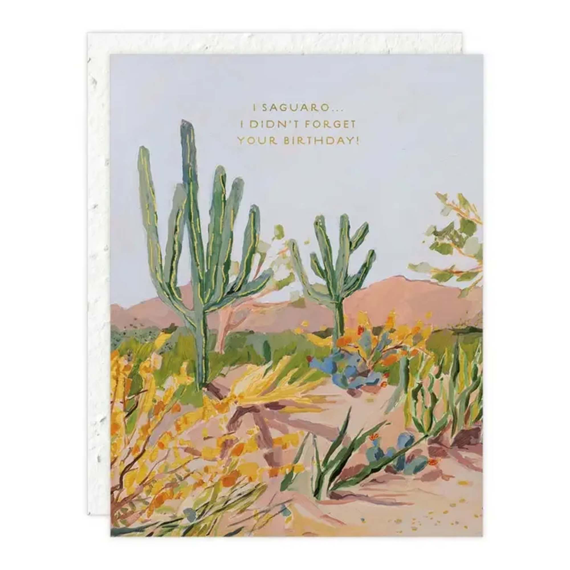 Birthday card with a painted desert scene and cactus illustration