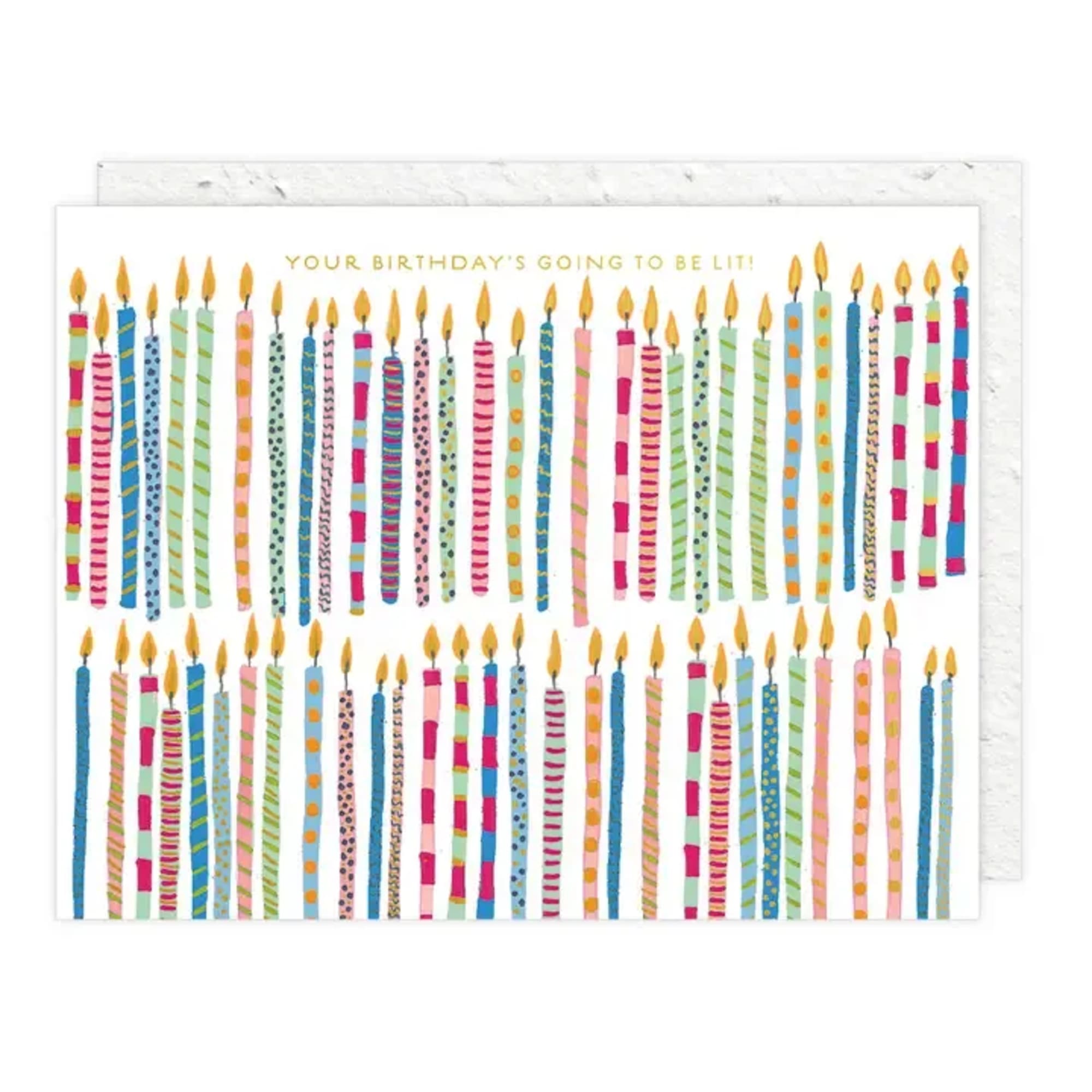 Birthday card with colorful striped candles and the text 'YOUR BIRTHDAY'S GOING TO BE LIT!'