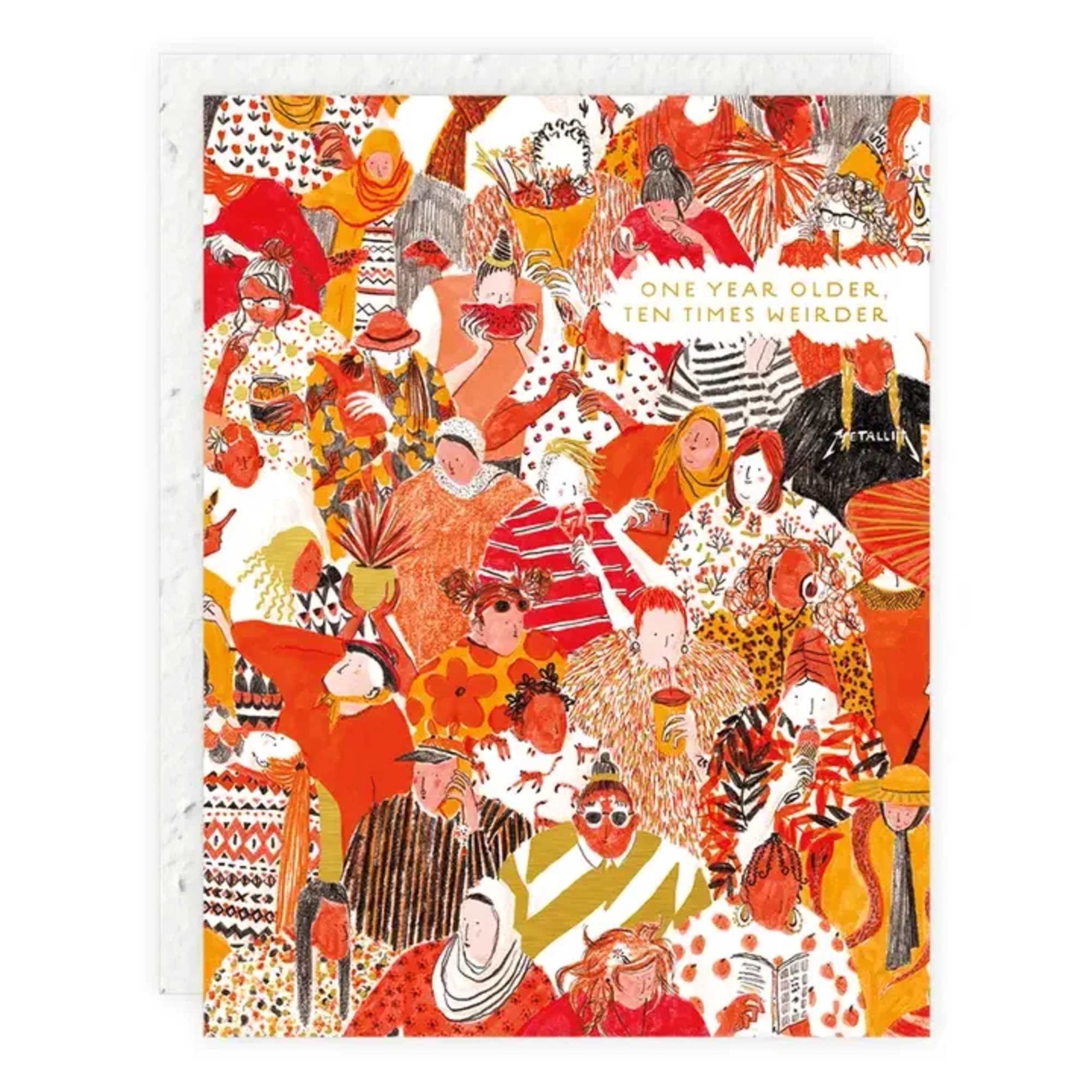 Illustrated greeting card with a crowd of colorful people and text